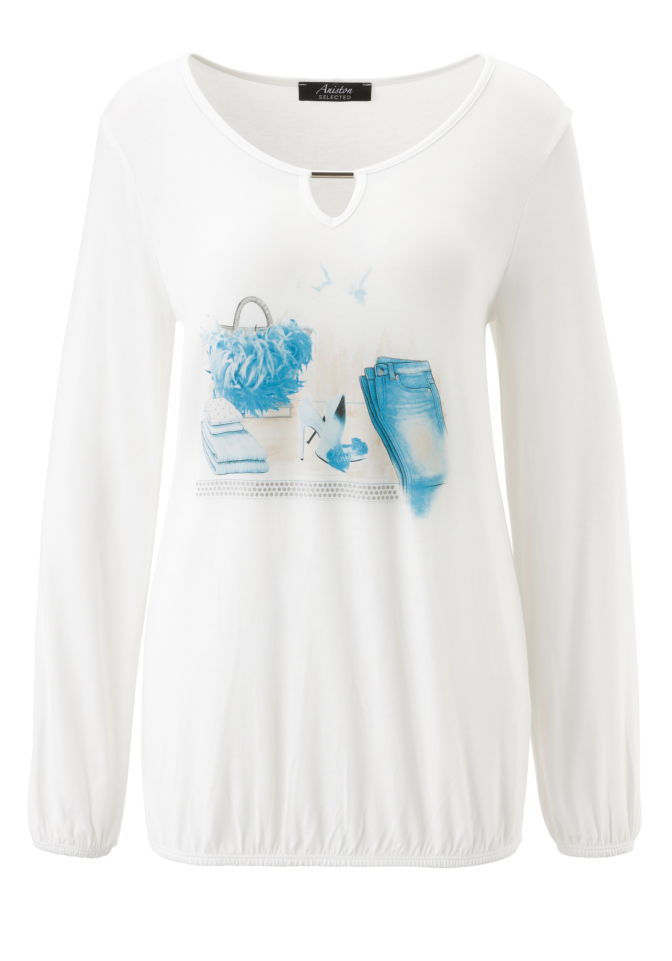 Aniston SELECTED Langarmshirt mit Cut-out und modischen Frontprint mit Glitzer