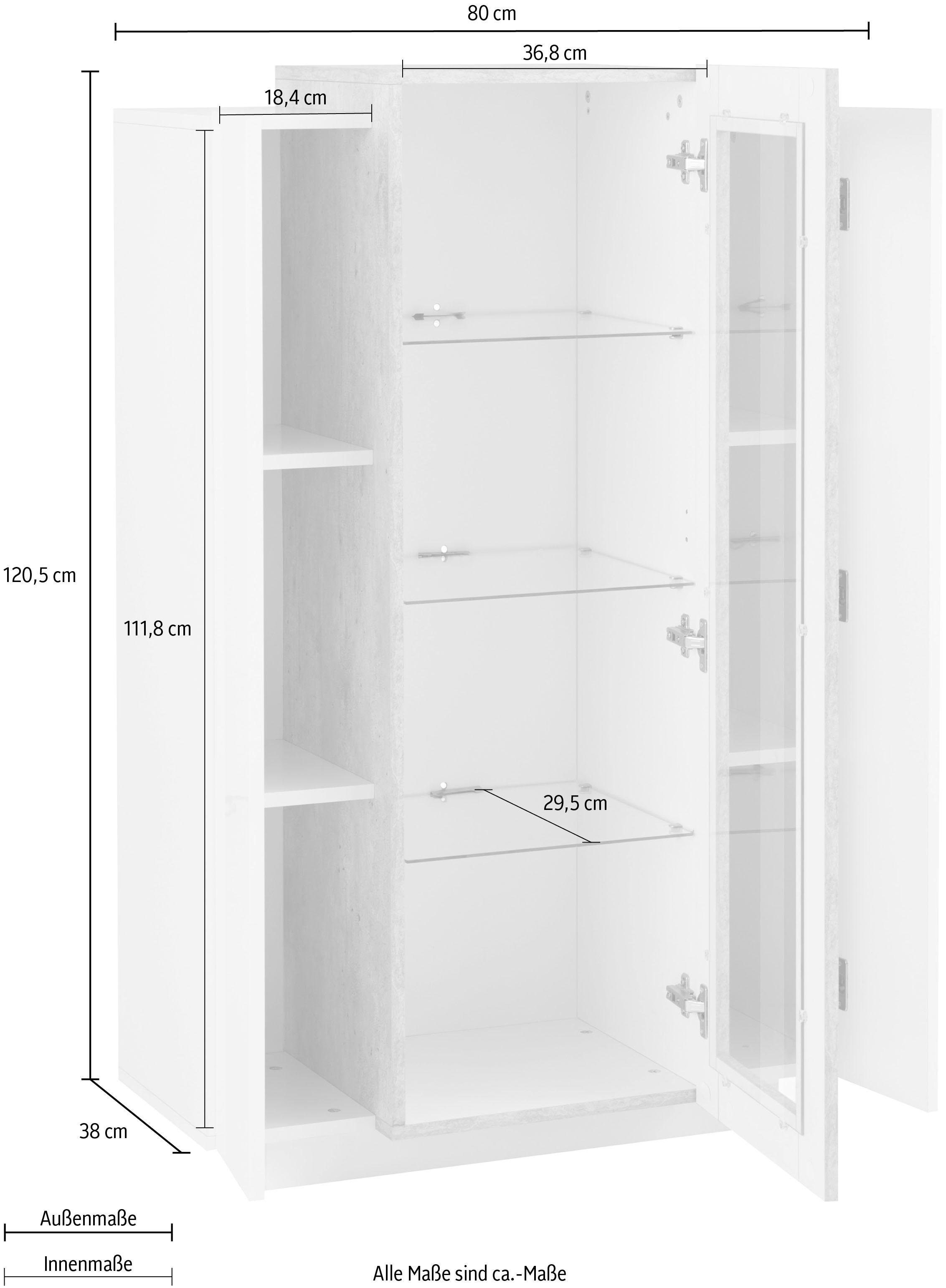 INOSIGN Vitrine »Coro, Vitrine, Glasvitrine, Vitrinenschrank, Stauraumvitrine«, 3 Türen davon 1 Glastür, 9 Fächer, Doppeltiefe, Höhe 120,5cm