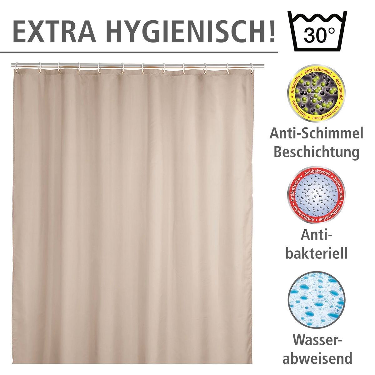 WENKO Duschvorhang »Uni Beige«, Höhe 200 cm, Polyester, waschbar