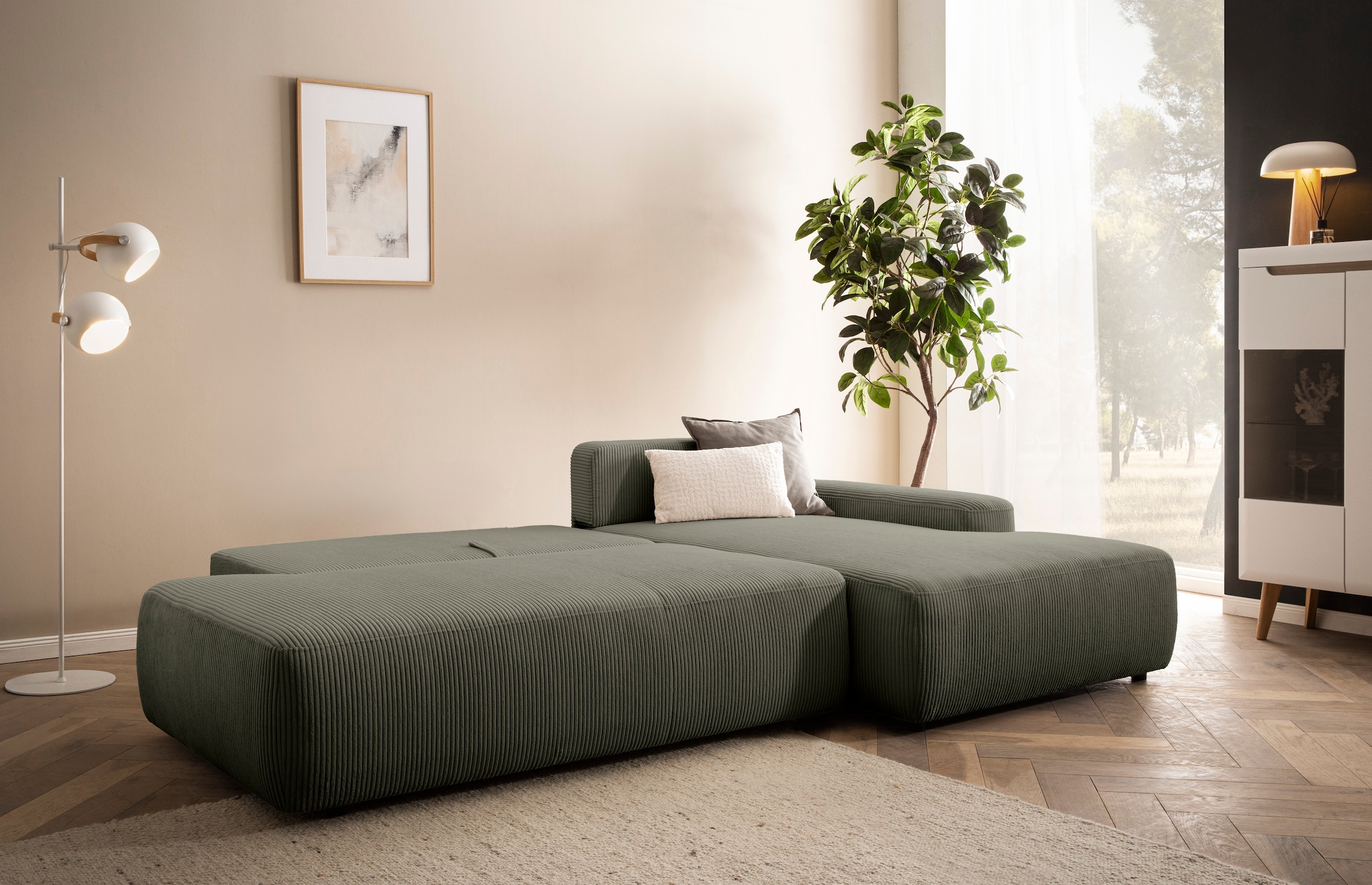 Home affaire Ecksofa »TORGE, Schlafsofa Cord, Samtvelours u. Strukur fein, Couch in L-Form« Schlaffunktion und Bettkasten, Liegefläche: 210x125 cm, neues Design