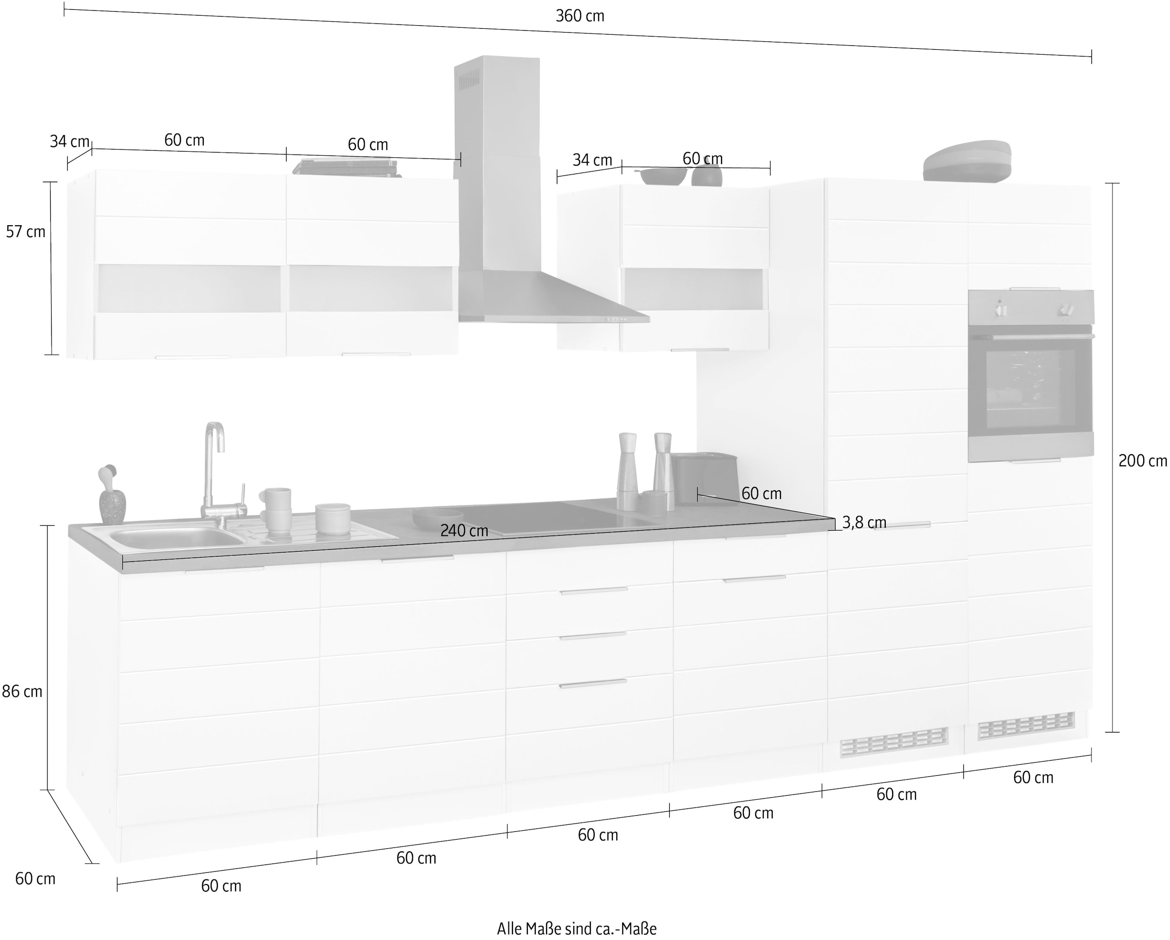 KOCHSTATION Küchenzeile »KS-Luhe« 360 cm breit, wahlweise mit oder ohne E-Geräten, gefräste MDF-Fronten