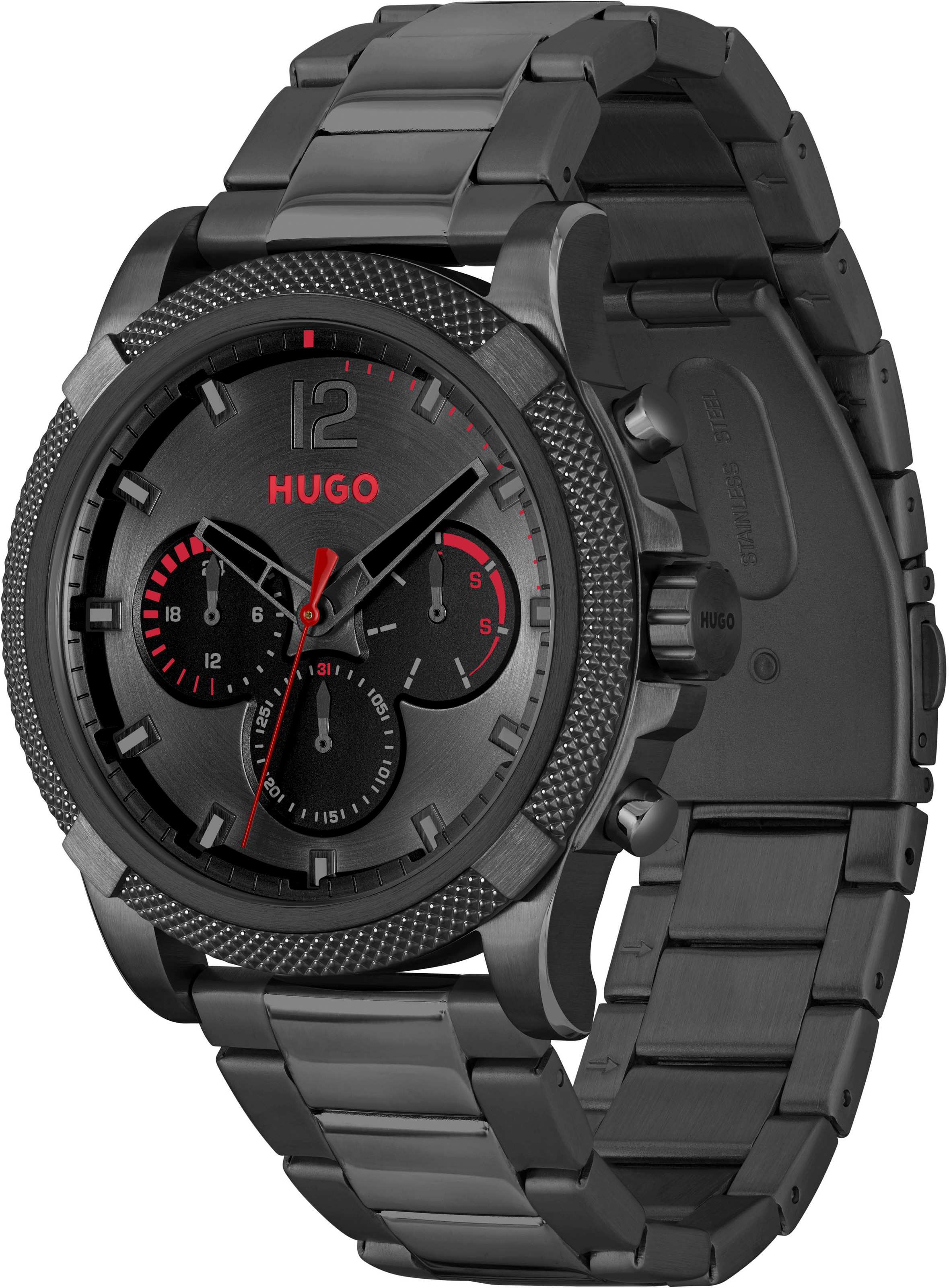 HUGO Multifunktionsuhr »#IMPRESS - FOR HIM«, Quarzuhr, Armbanduhr, Herrenuhr, Datum, Edelstahlarmband