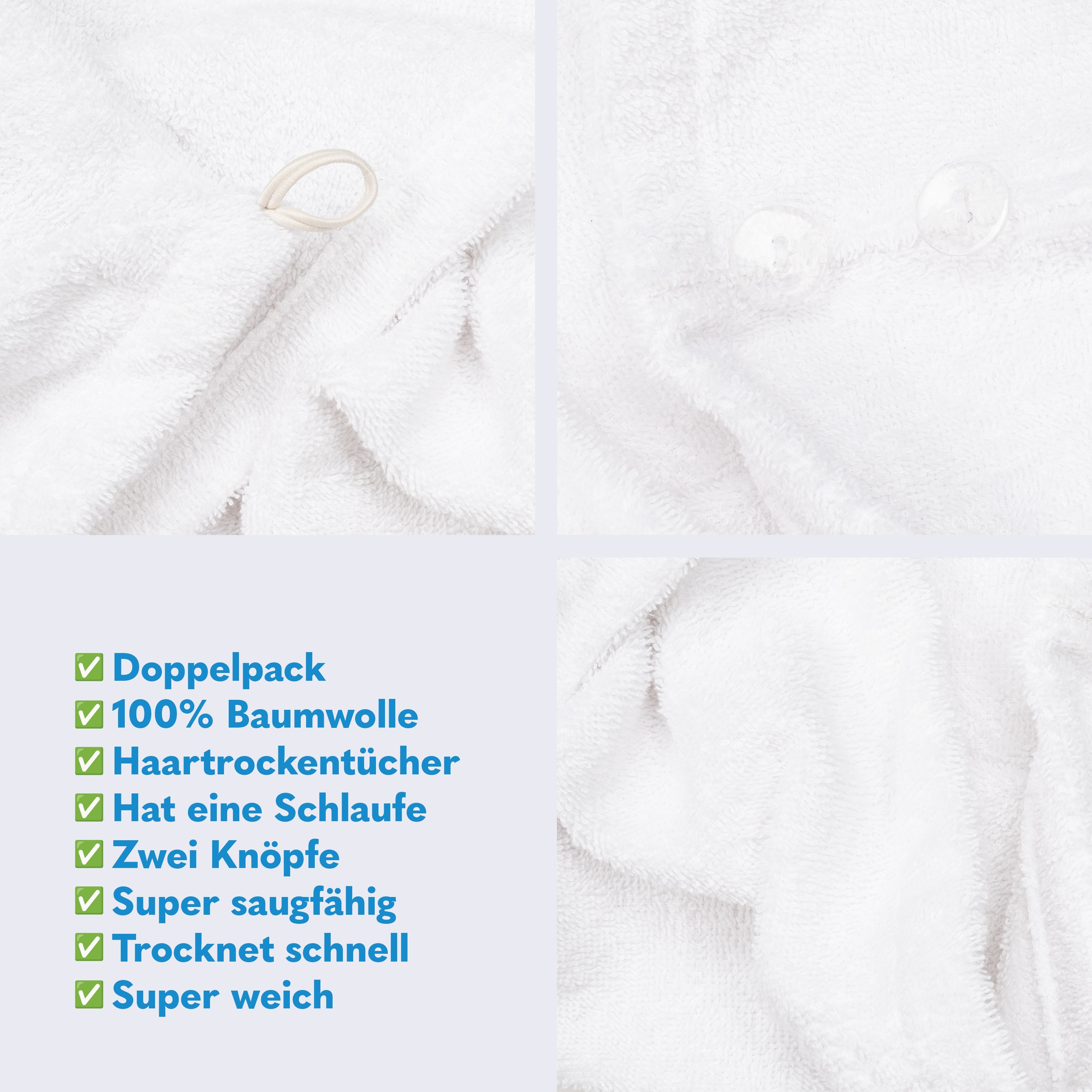 HAMMETEX Turban-Handtuch »2er Set Haarturban Damen, 100% Baumwolle, Flauschig & Schnelltrocknend«, (Set, 2 St., 2), Uni-Farben, weich
