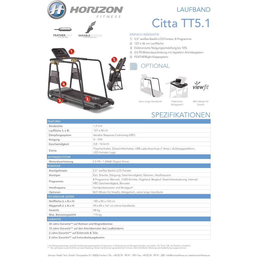 Horizon Fitness Laufband »Citta TT5.1«, optionaler Ablagetisch