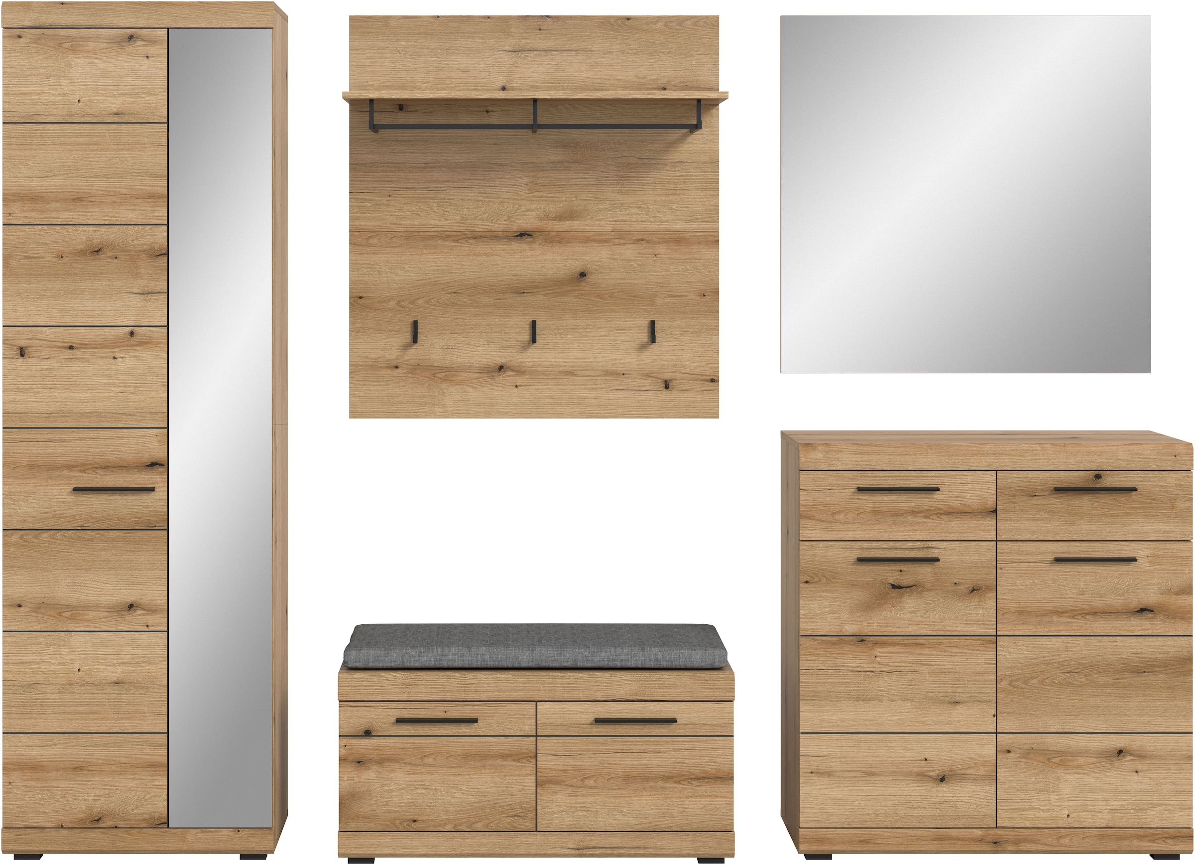 INOSIGN Garderoben-Set »SIENA, Breite 272 cm, 6-tlg., individuell stellbar, inkl. Sitzkissen« Komplett-Set, Garderobenschrank, Sitzbank, Sitzkissen, Paneel,Schuhschrank & Spiegel, 5 Stk. tlg.