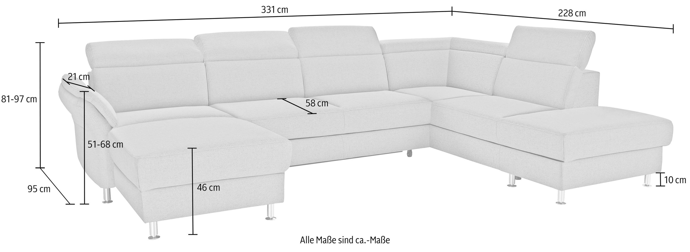 sit&more Wohnlandschaft »Avignon U-Form«, wahlweise mit Bettfunktion und Stauraum, inklusive Kopfteilverstellung