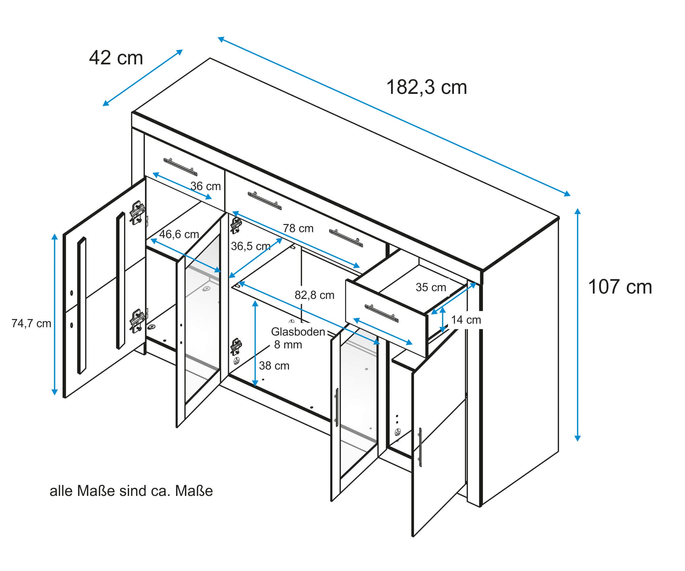 VOGL Möbelfabrik Highboard »Toronto«, opt. Glastüren, teilmassiv, Rahmenoptik, Made in Germany