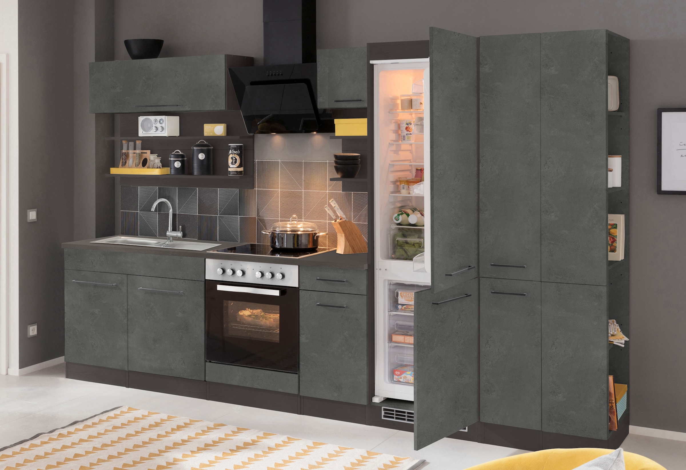 KOCHSTATION Küchenzeile "KS-Tulsa" ohne E-Geräte, Breite 300 cm, schwarze Metallgriffe, MDF Fronten