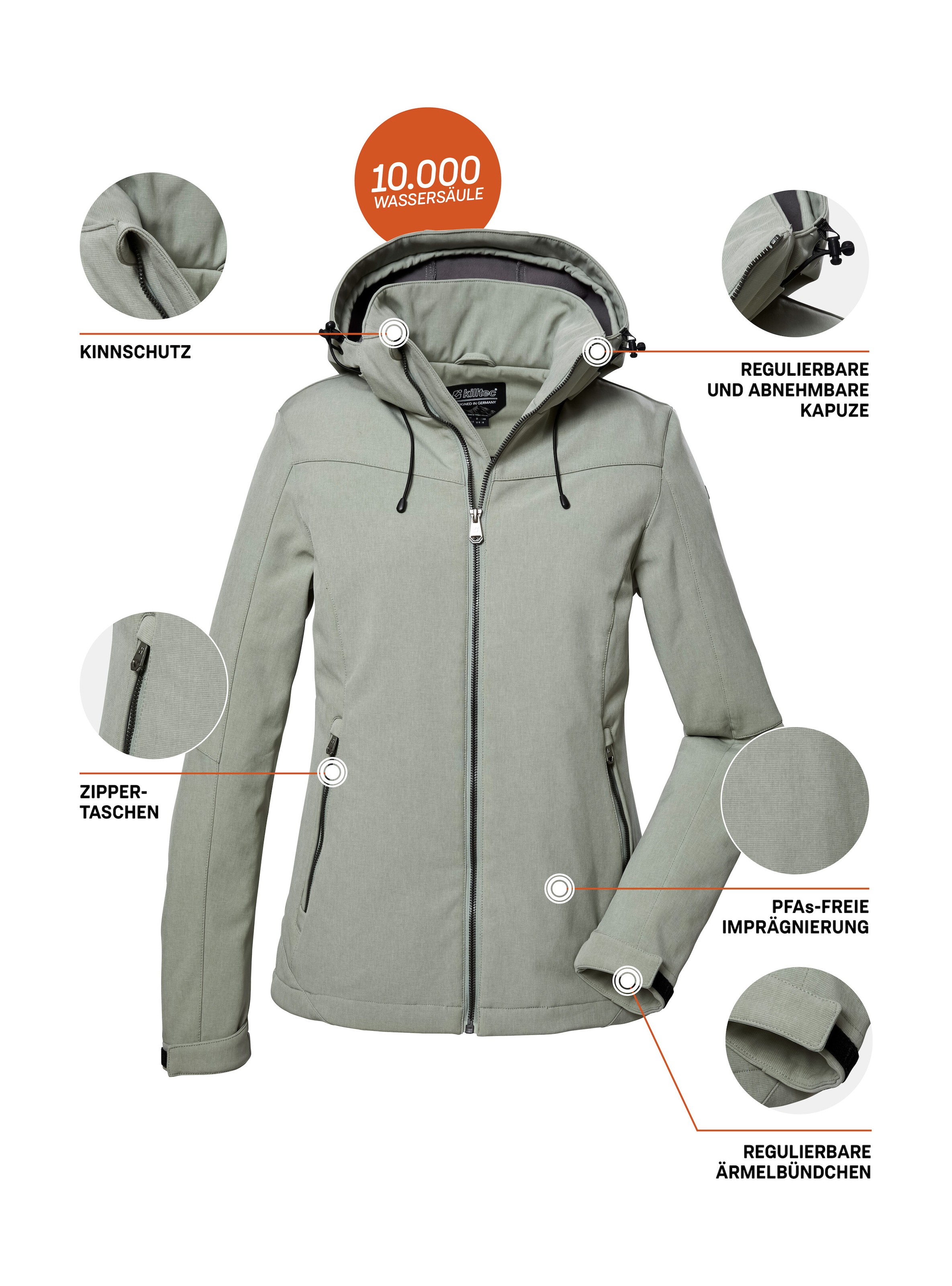 Killtec Softshelljacke »Damen Softshelljacke«, Wasserabweisende, winddichte Softshelljacke mit abnehmbarer Kapuze