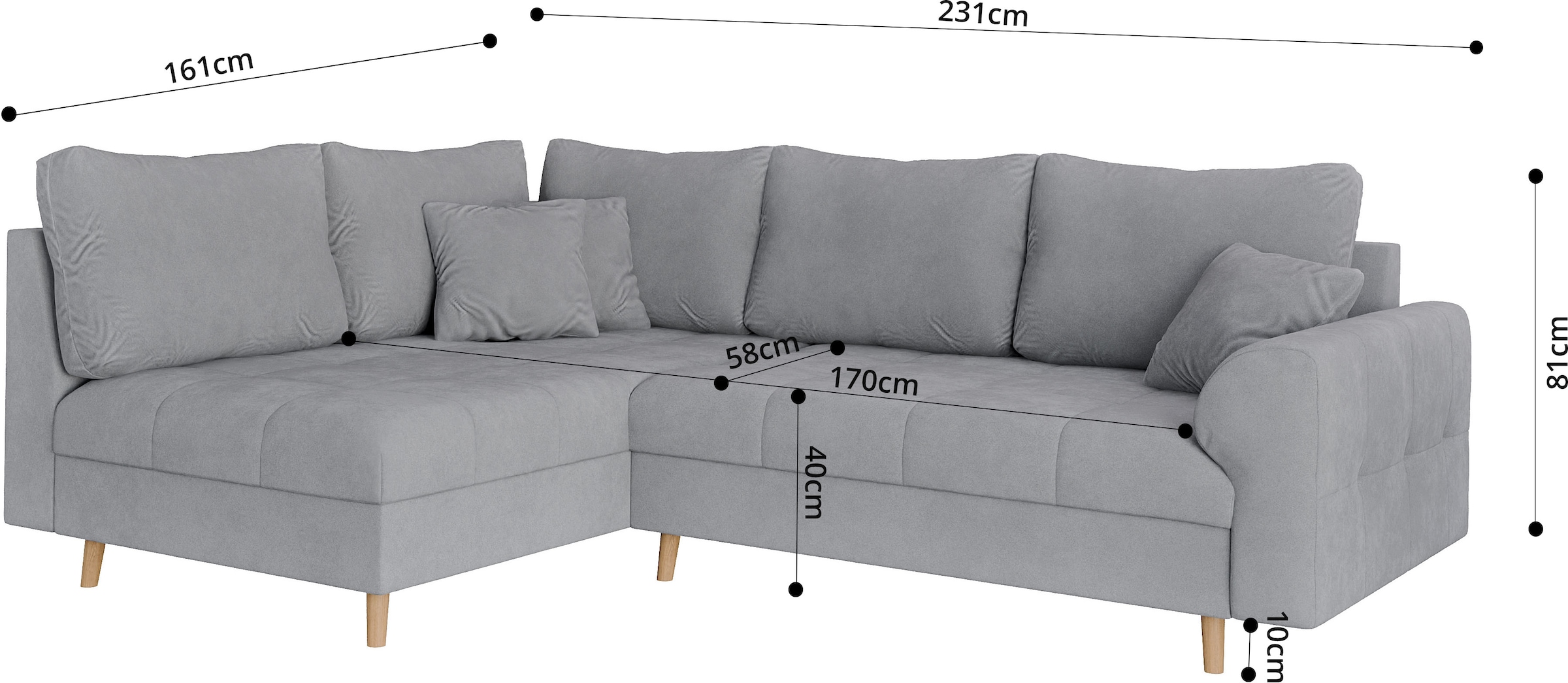 Home affaire Ecksofa »CHARRE L-Form mit Ottomane, Maße B/T/H: 231/161/81 cm«, feine Steppung, lose Rücken- und Zierkissen, auch in Cord und Bouclé
