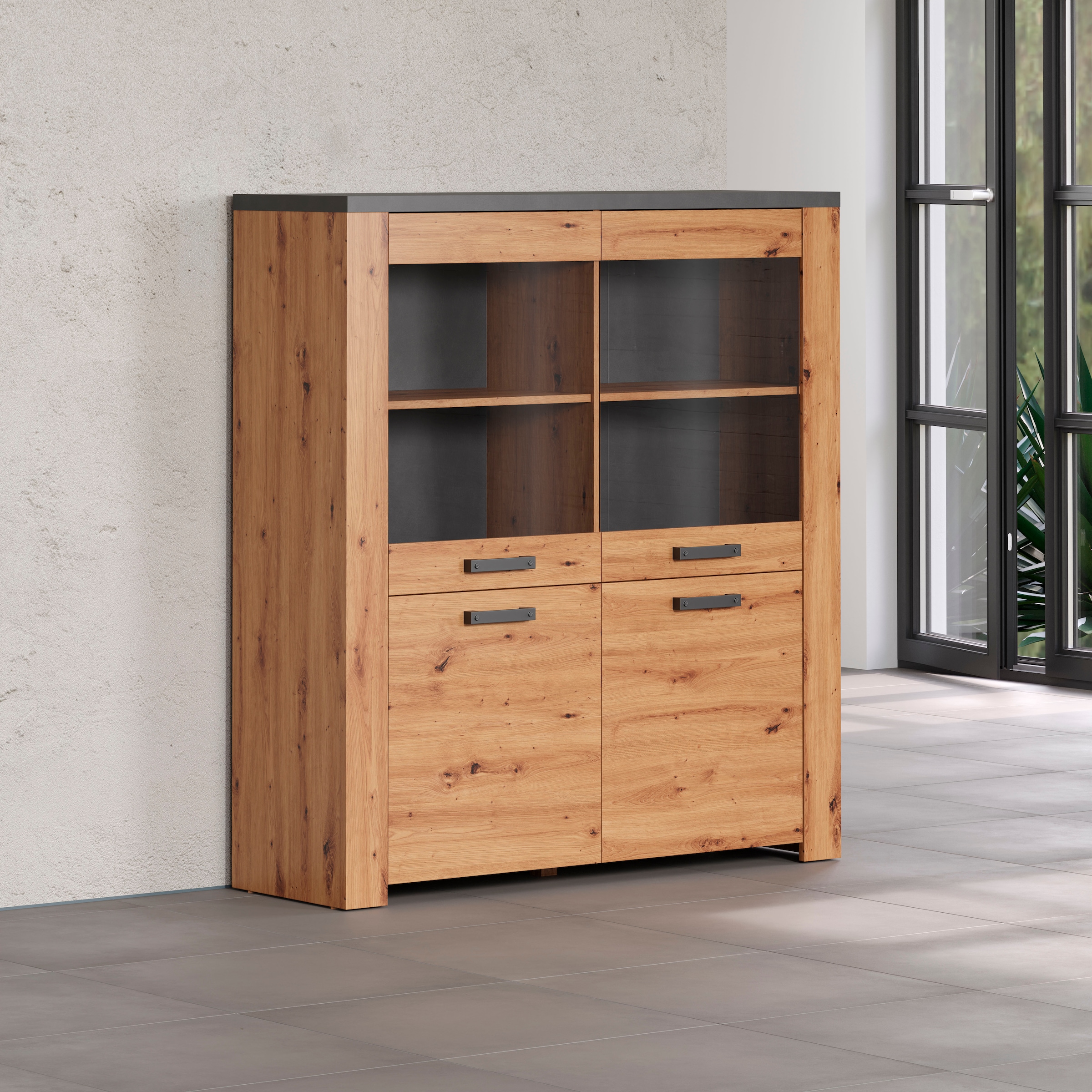 Home affaire Highboard »Ambres«, (1 St.), Vitrine, Echtholzoptik, ca. Maße BxH: 127x139 cm