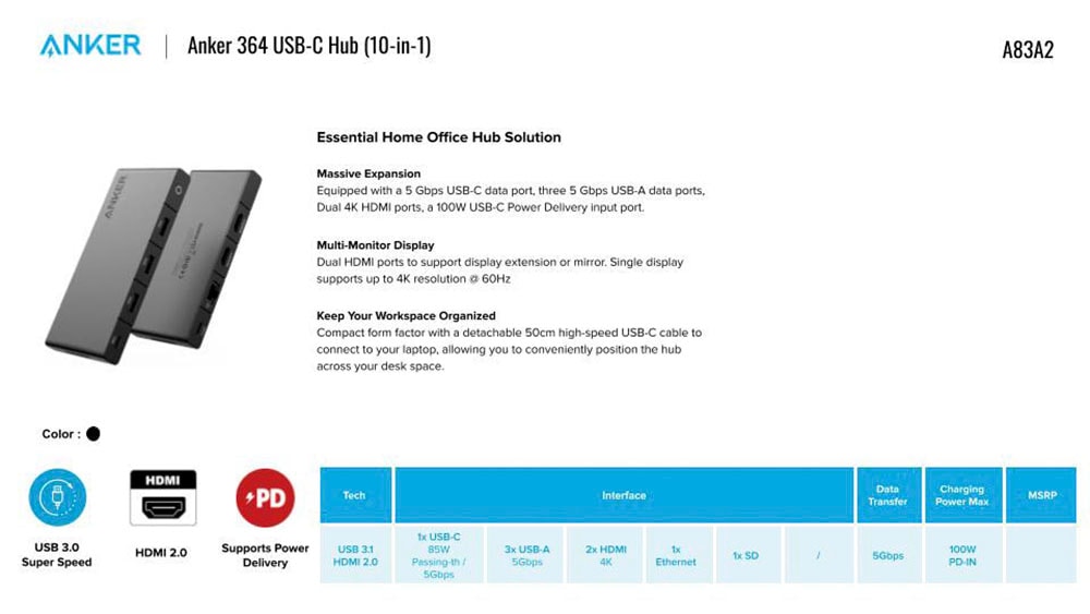 Anker USB-Adapter »Hub 364 USB C Hub (10-in-1, Dual 4K HDMI)«