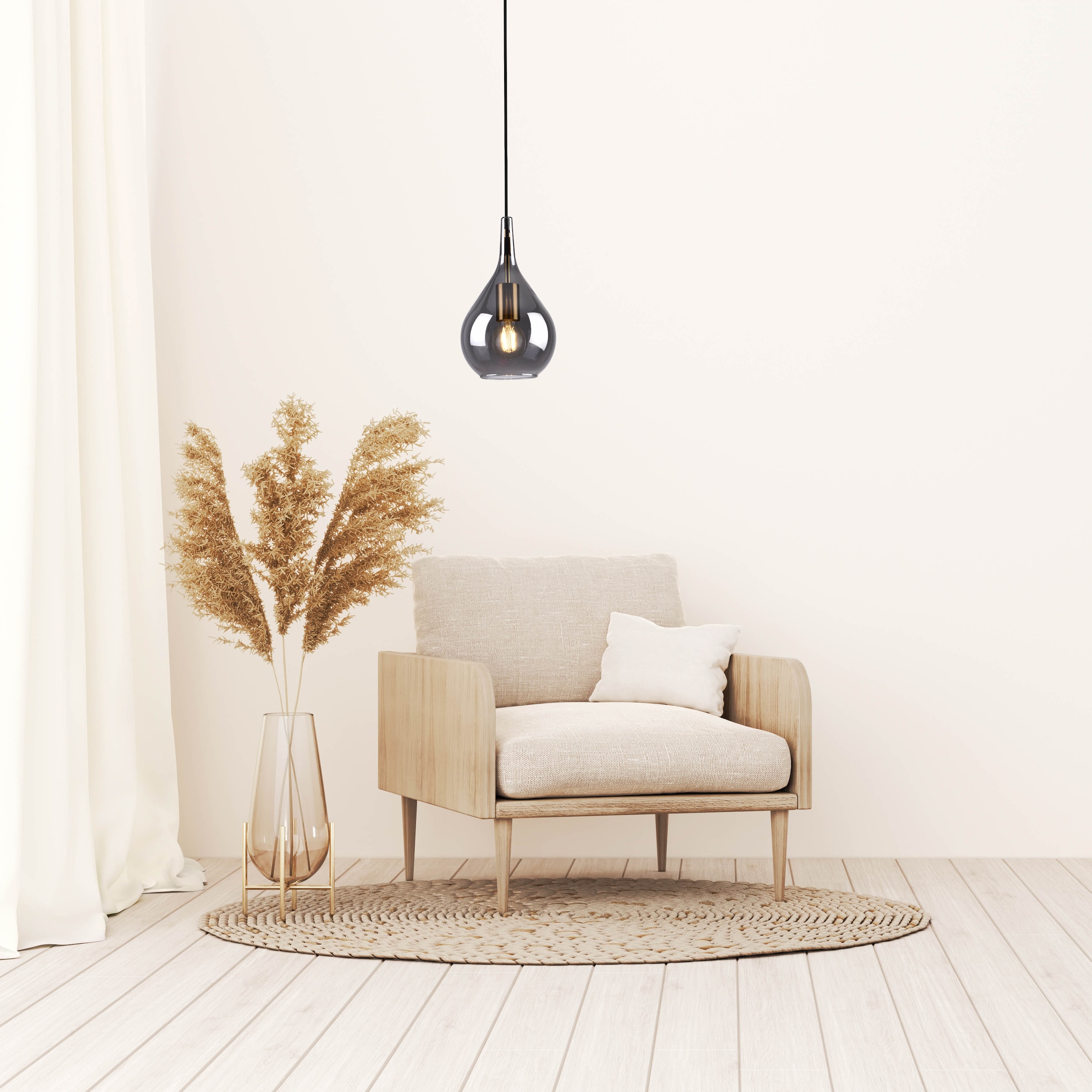 näve Pendelleuchte »Gota« E27 1 Stk. Rauchglas D: 20cm, exkl. 1x E27, H: 150cm, Baldachin und Kabel schwarz