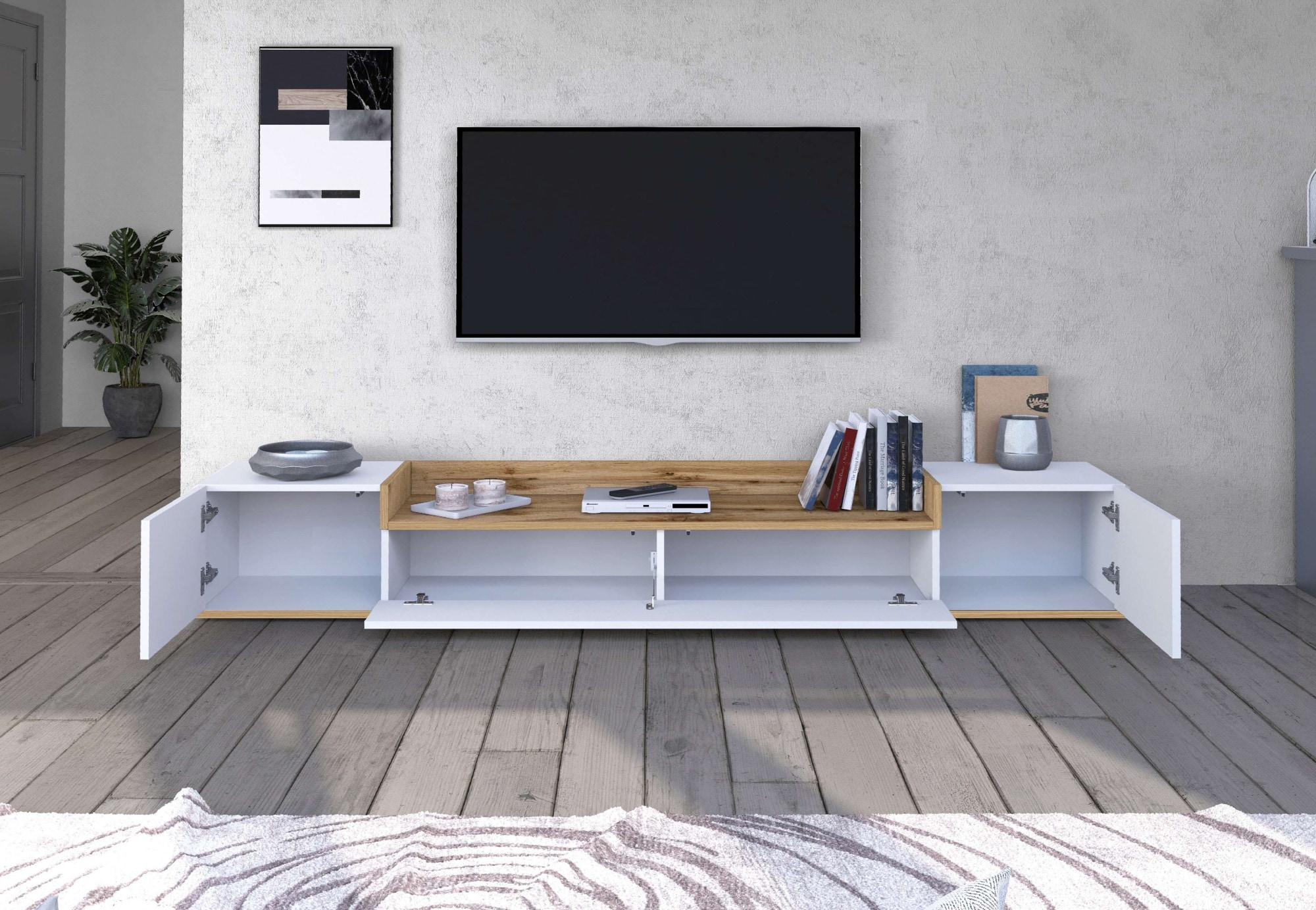 OTTO home Lowboard »BOLSENA,TV-Kommode, TV-Möbel,TV-Bank, 4 Fächer und offenes Ablagefach« 1 Stk. tlg. Breite 200 cm,stehend/hängend,Fronten Hochglanz lackiert,Made in Italy