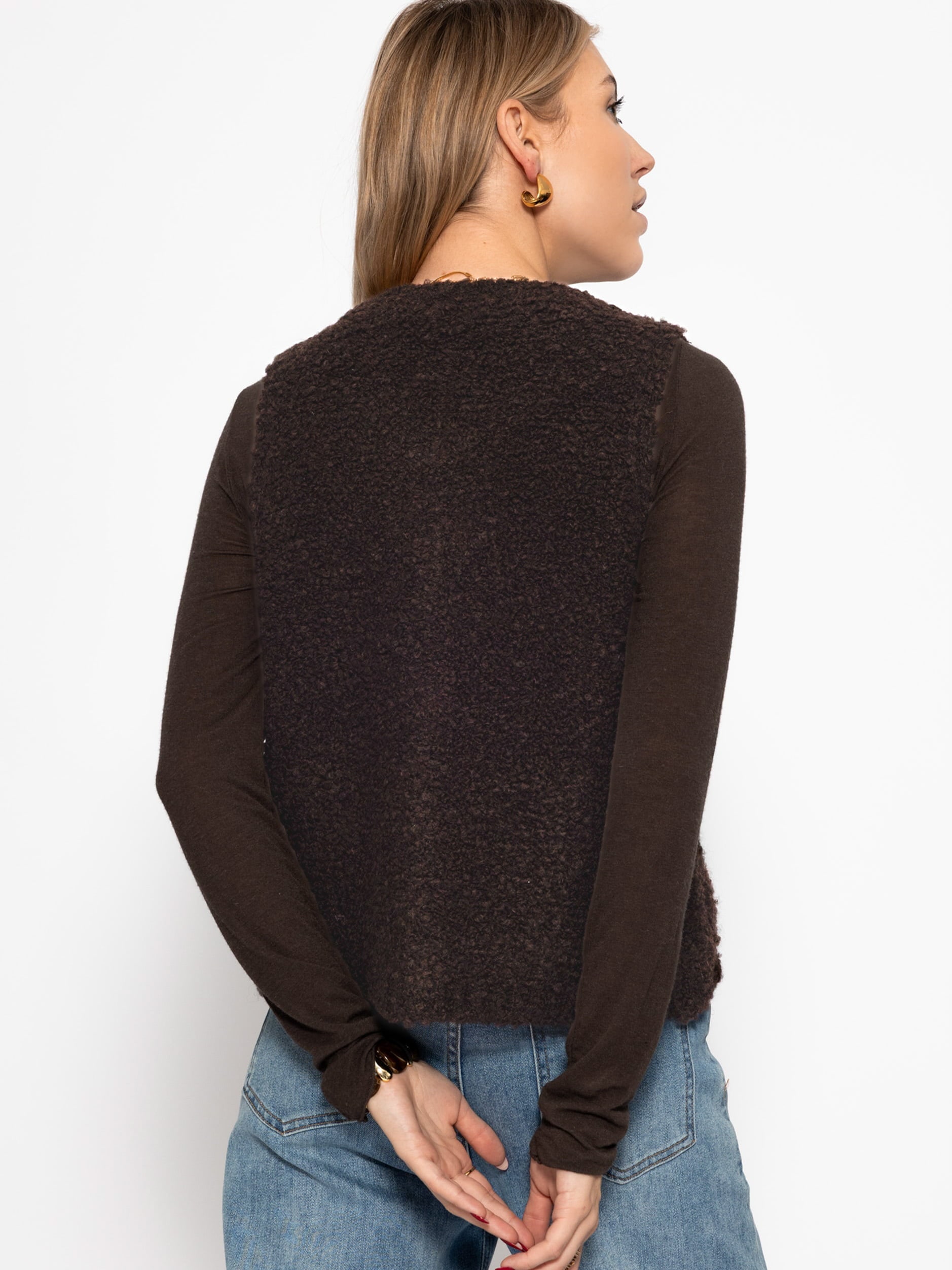SASSYCLASSY Shirtweste »Bouclé-Weste mit Taschen« Weiche Weste mit goldfarbenen Knöpfen Greige Rosa Schwarz Braun
