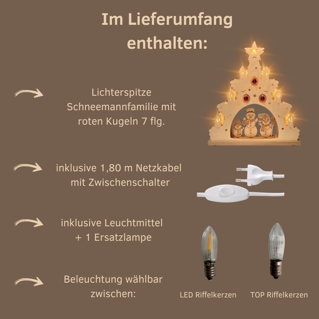 Weigla Schwibbogen »Schneemannfamilie mit roten Kugeln« Erzgebirge garantiert, Lichterspitze aus Buchenholz