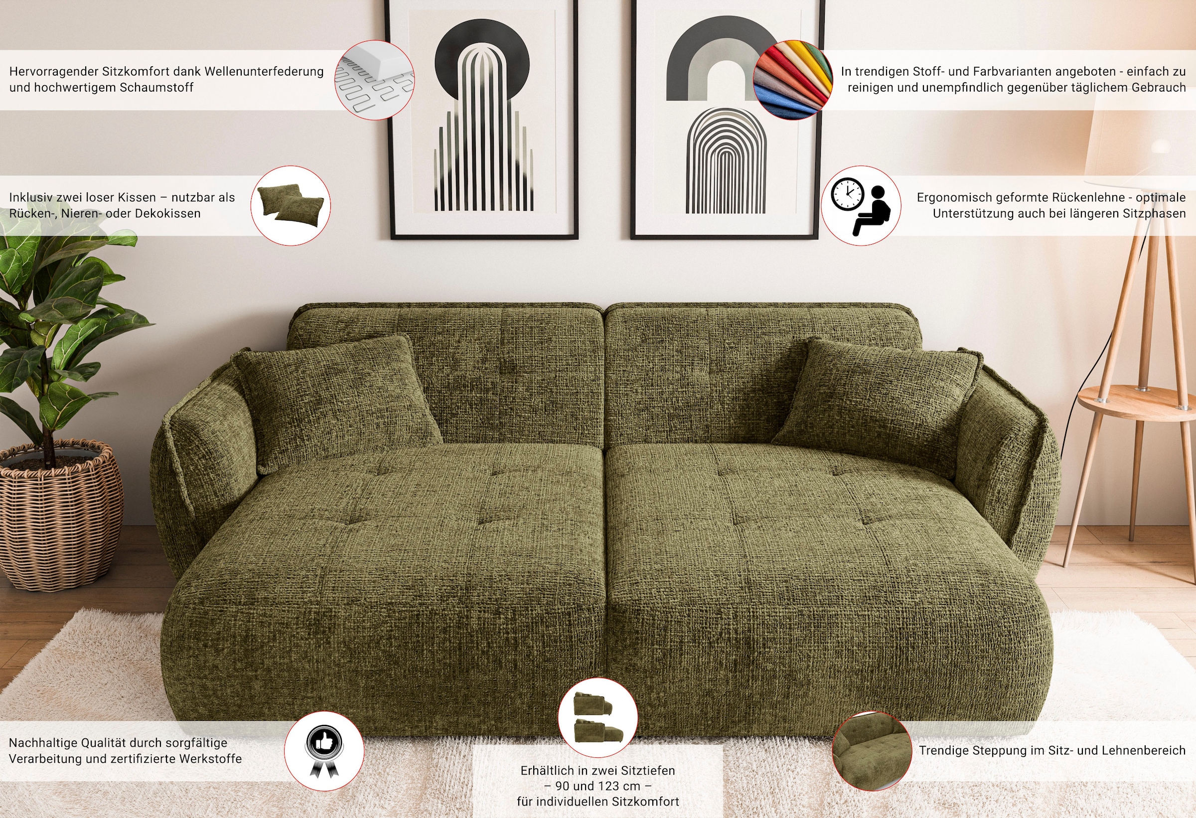 Home affaire Big-Sofa »MIRELDA Design-Sofa mit Steppungen, extra tief, Breite 251 cm« elegant und bequem, enthält 2 Zierkissen, belastbar bis 480kg