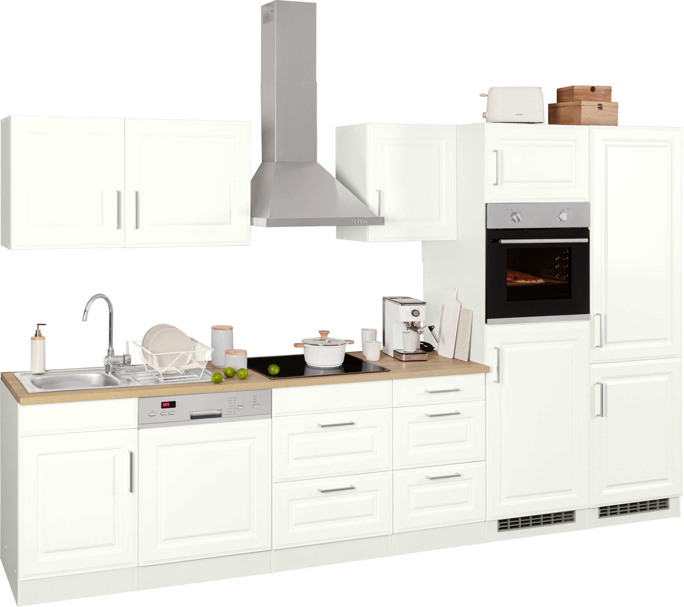 KOCHSTATION Küchenzeile »KS-Stockholm – Küche mit hochwertiger und detailreicher Landhausfront« Breite 340 cm, wahlweise mit E-Geräten,mit MDF-Fronten