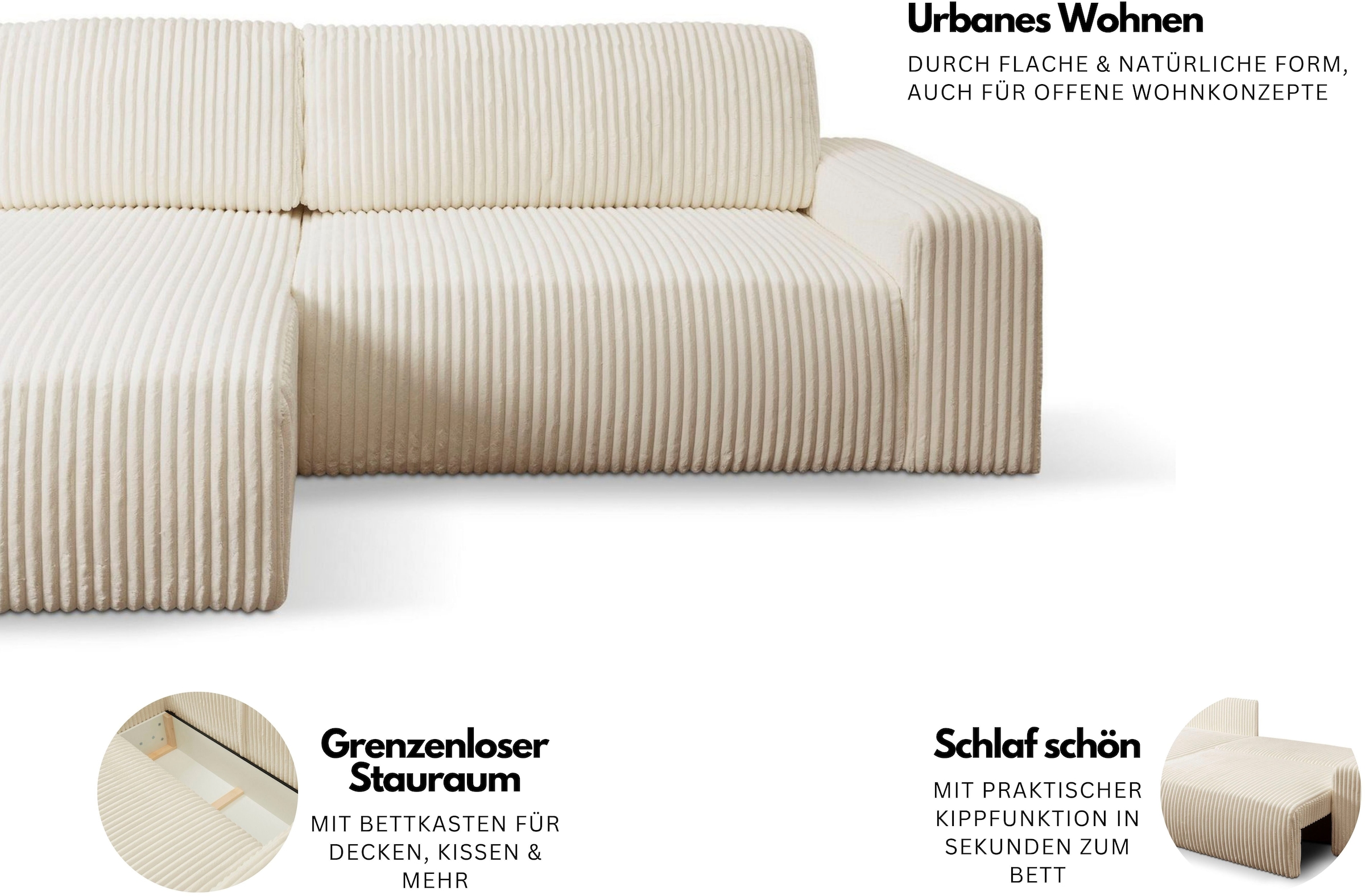 WERK2 Ecksofa »Rotterdam-L, kuschelweicher Cord oder Breitcord, L-Form, Breite 267 cm« Design Ecksofa mit Schlaffunktion & Bettkasten, Cord, Grau