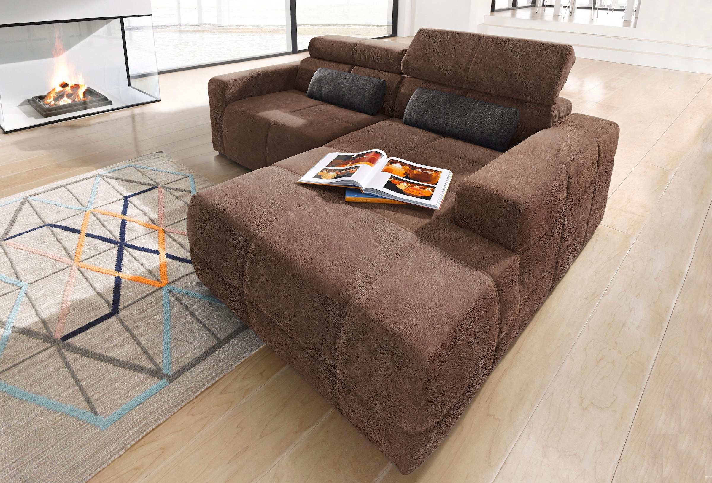DOMO collection Ecksofa »Brandon, inkl. Kopfteilverstellung, B/T/H: 214/100/80 cm, L-Form«, Luxus-Microfaser in Lederoptik, braun