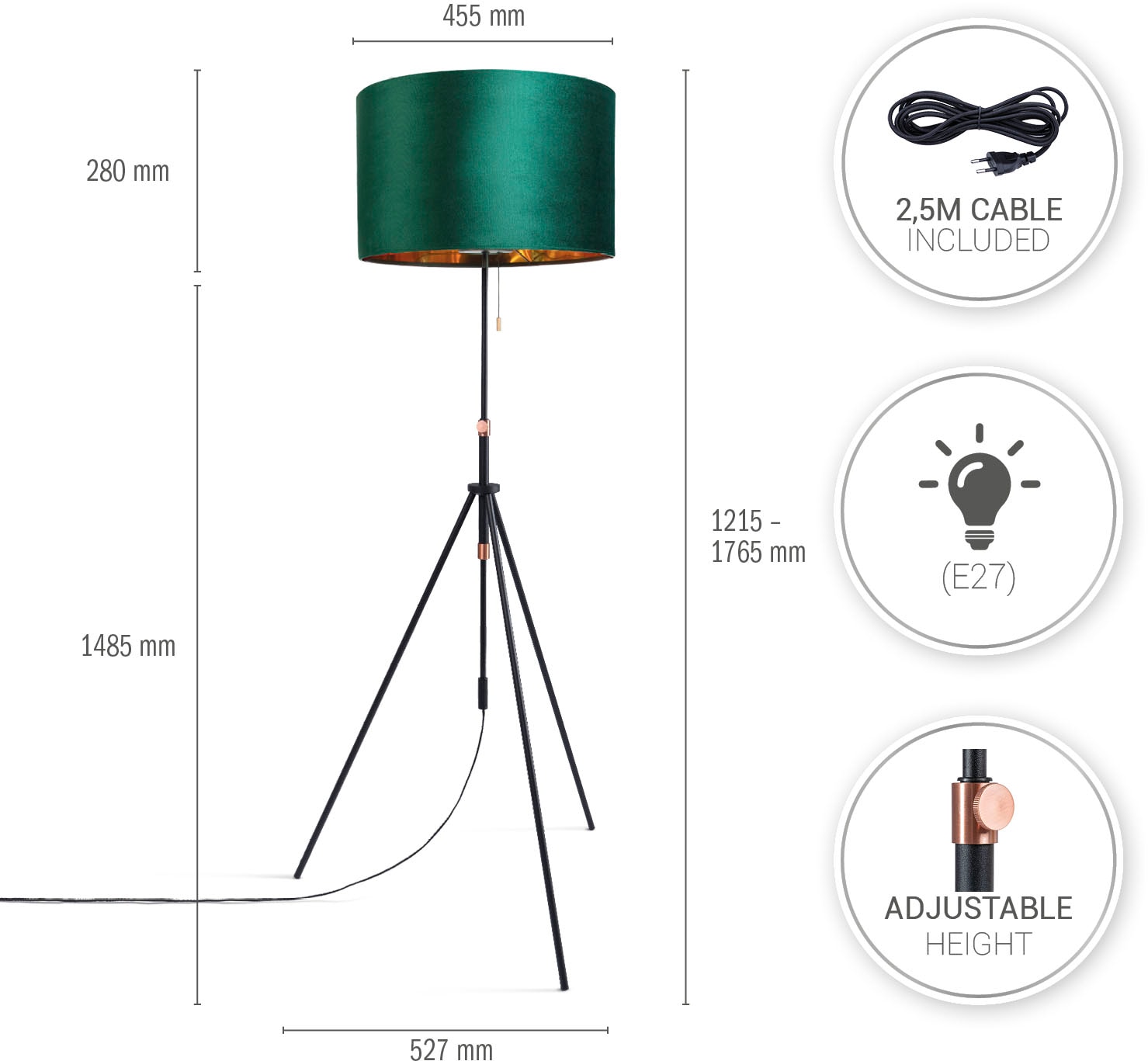 Paco Home Stehlampe uni mit 3 | XXL Velour Wohnzimmer »Naomi Garantie cm 121,5 Zugschalter online Color«, 176,5 Höhenverstellbar Jahren bis kaufen