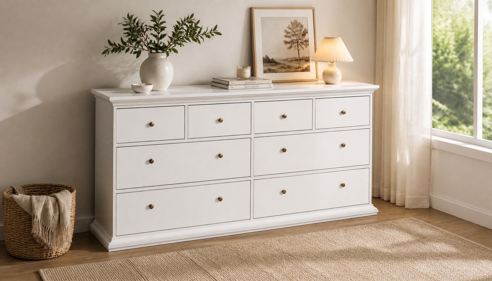 Home affaire Kommode »Paris, Aufbewahrung, Schubladenschrank, Stauraum, mit 8 Schubladen« Landhausstil, Elegant, geräumig, Breite 184 cm, Höhe 87 cm