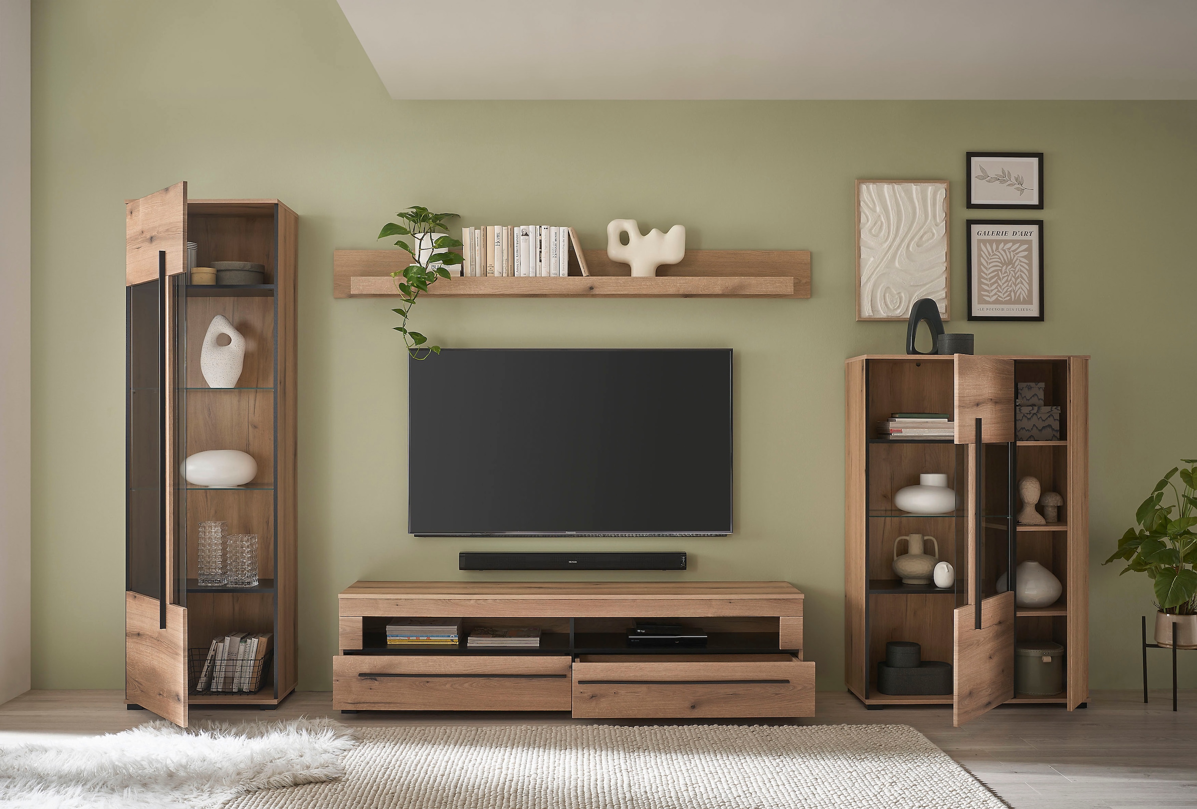 INOSIGN Wohnwand »Cantara, moderne Anbauwand, Wohnzimmer-Set, in Eiche Evoke oder Weiß«, (Set, 4 St.), enthält zwei Vitrinen, ein Lowboard und ein Wandboard