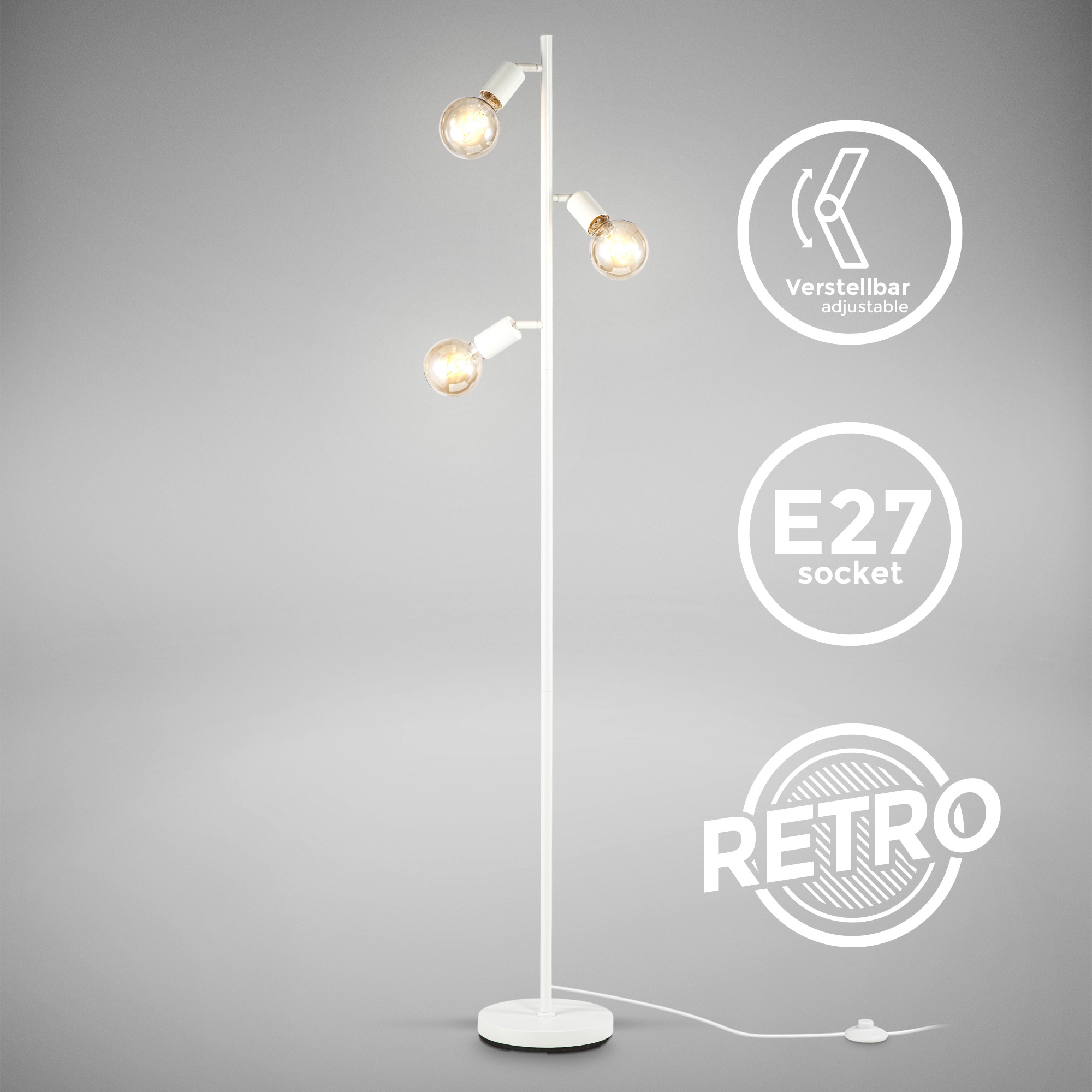 B.K.Licht Stehlampe, 3-flammig, 3 3 Jahren mit Garantie Metall online Retro, | XXL Fußschalter, Stehleuchte, kaufen Schwenkbar, E27, flammig-flammig