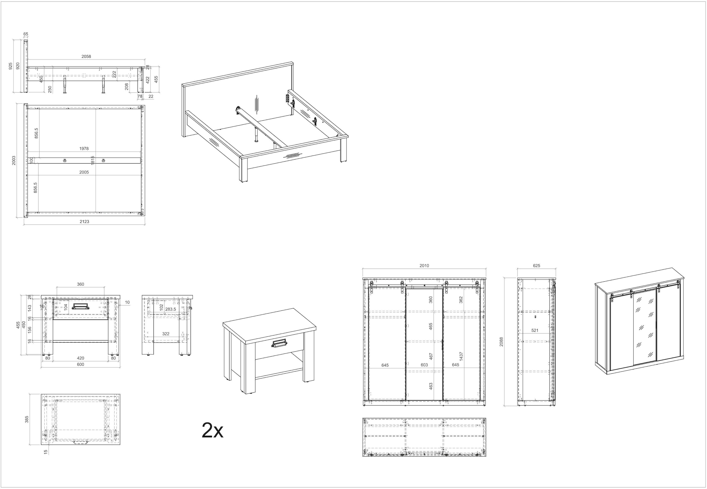 Home affaire Schlafzimmer-Set »SHERWOOD«, (4 tlg.), Liegefläche 180x200cm, Schrank 3-trg. 201cm breit
