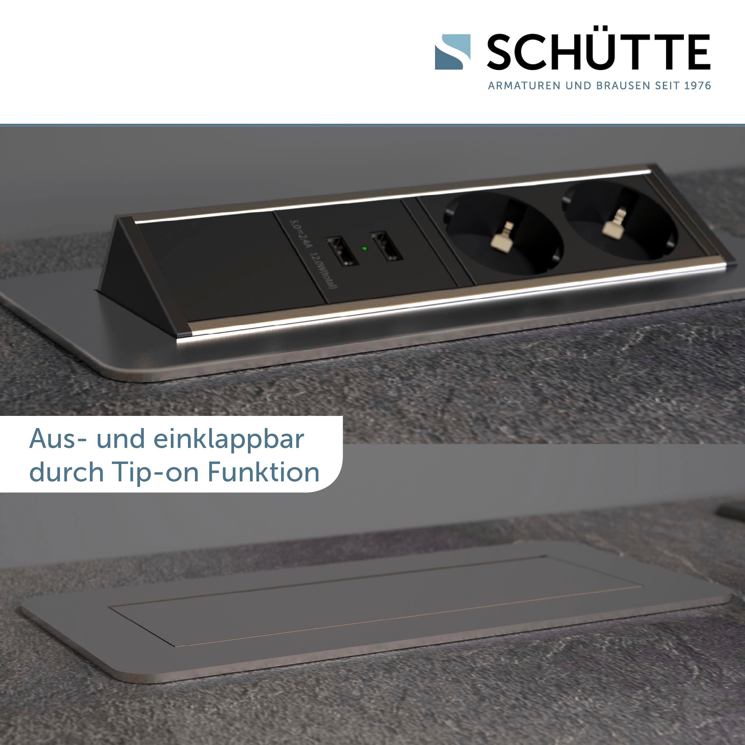 Schütte Einbau-Tischsteckdosenleiste »E2«, 2-fach, (Klappendeckel Schutzkontaktstecker Kabellänge 2,3 m), versenkbar, 2-fach und 2 x USB