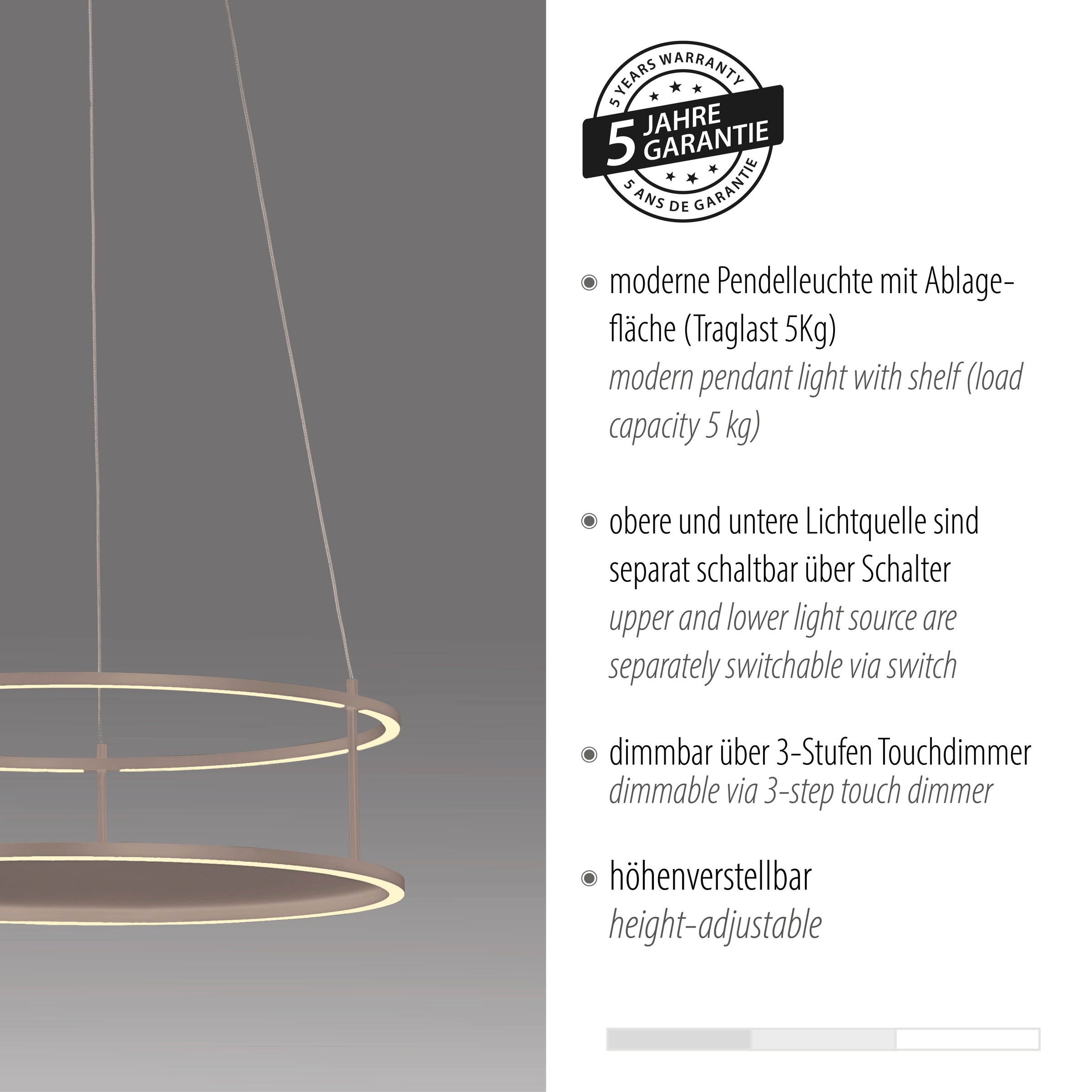 Paul Neuhaus LED Pendelleuchte »CONTURA« LED-Board 1 Stk. Warmweiß Touchdimmer, separat schaltbar, Memoryfunktion, Deko-Ablagefläche