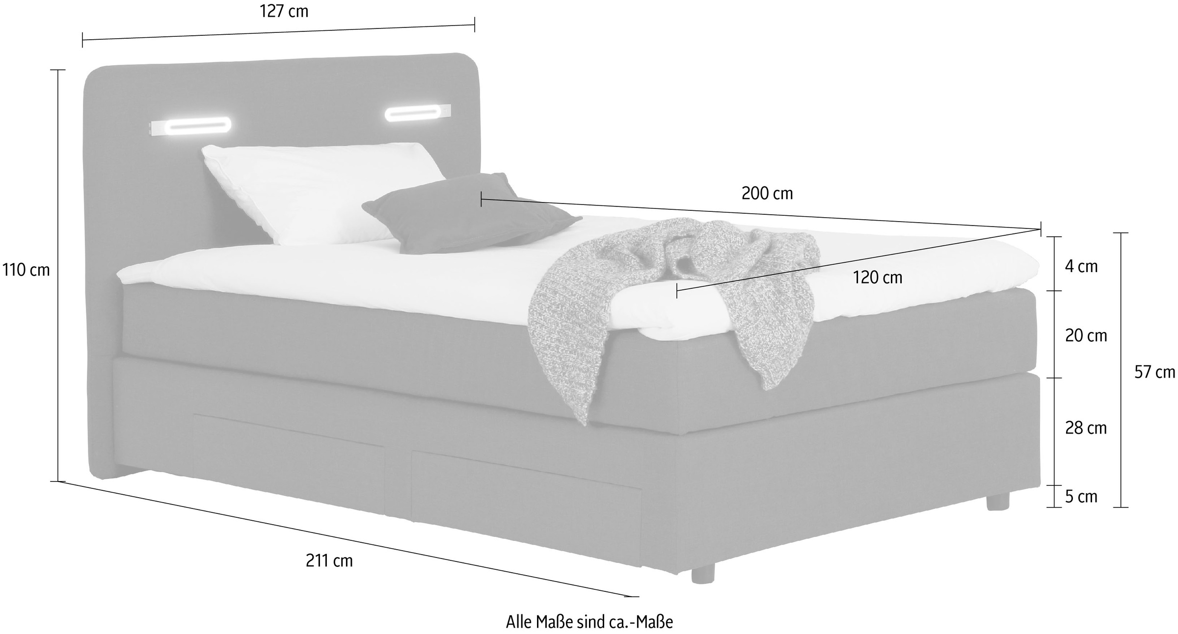 Home affaire Boxbett »Luan« Schubkästen, LED-Beleuchtung und Topper, in Breite 120 cm und 180 cm