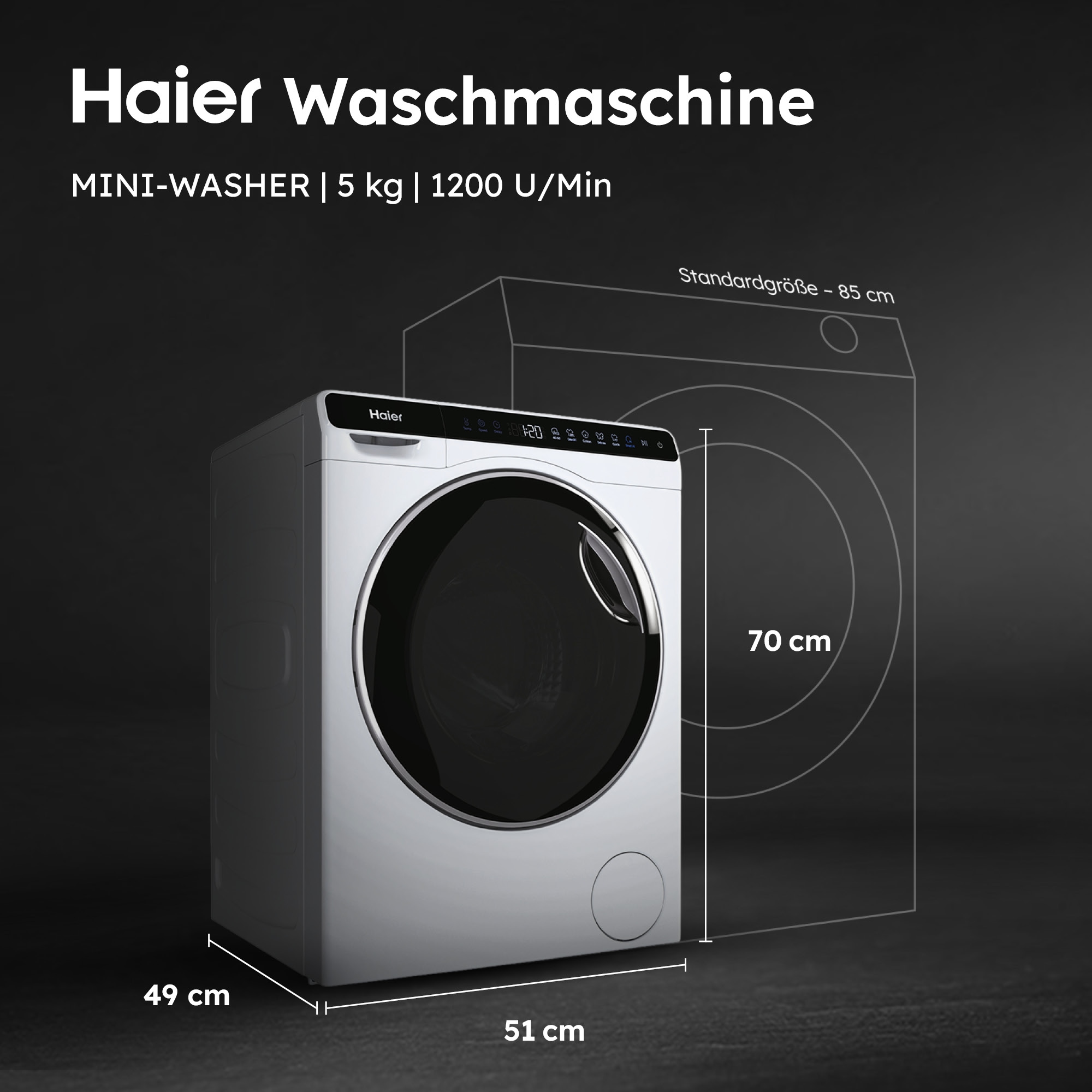 Haier Waschmaschine MINI-WASHER »HW50-BP12307«, 5 kg, 1200 U/min, besonders kompakte Maße (70 cm Höhe, 51 cm Breite)