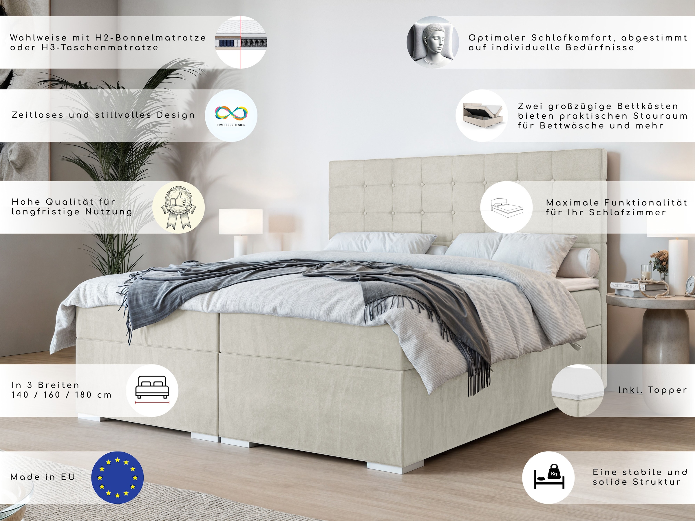 Home affaire Bett »Semla mit Matratze und Topper, in 3 Breiten (140, 160 und 180 cm)« Boxspringbett mit Kopfteil, Bettkasten, Matratze (BFK/TFK) und Topper
