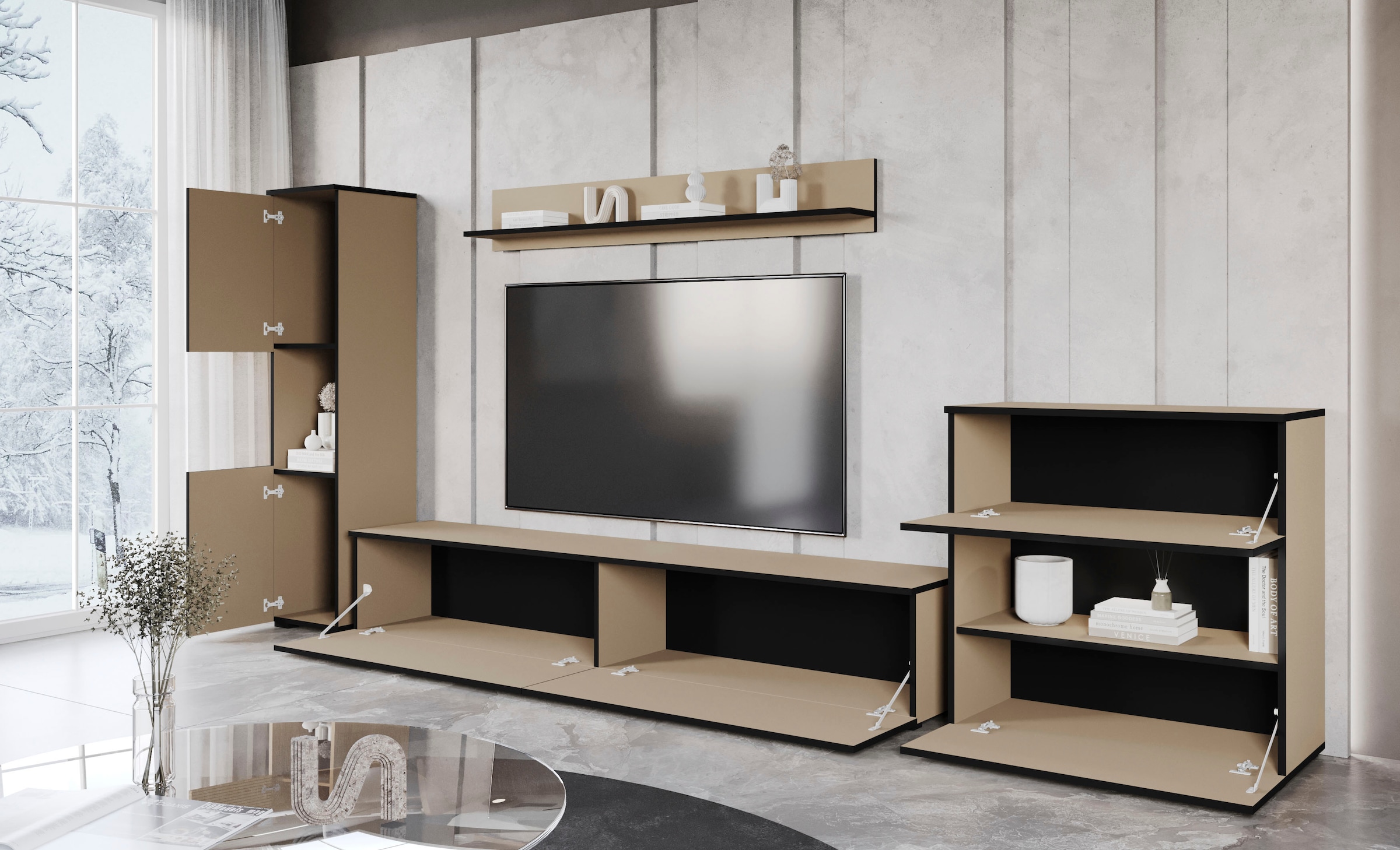 INOSIGN Wohnwand »PARIS, Vitrine Türanschlag links/rechts wechselbar«, (Komplett-Set, 4 St.), grifflose Design, stehend und hängend montierbar