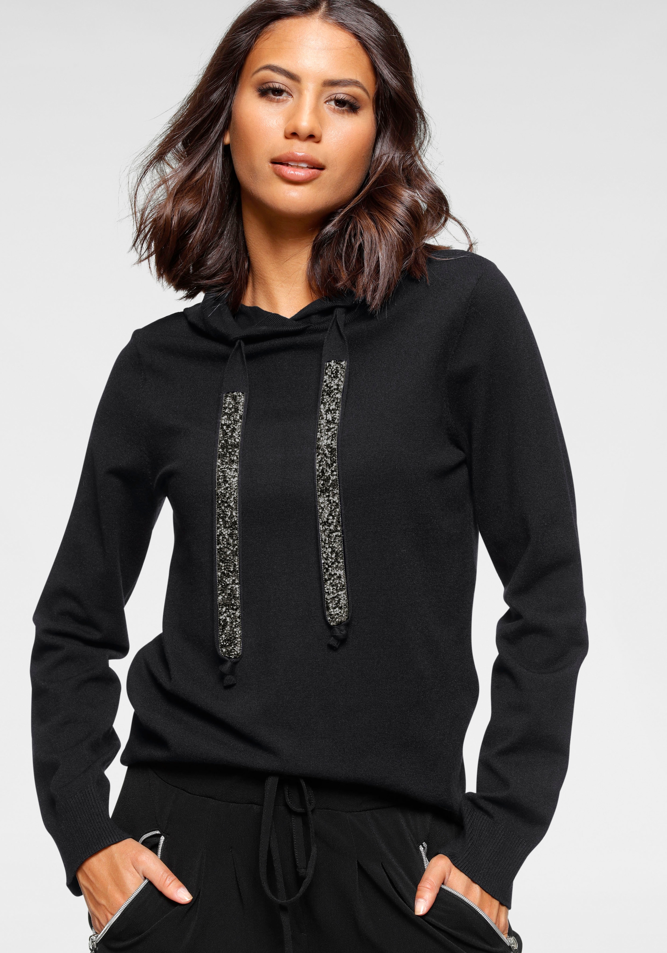 Laura Scott Strickpullover, mit Kapuze und glitzernden Bändern