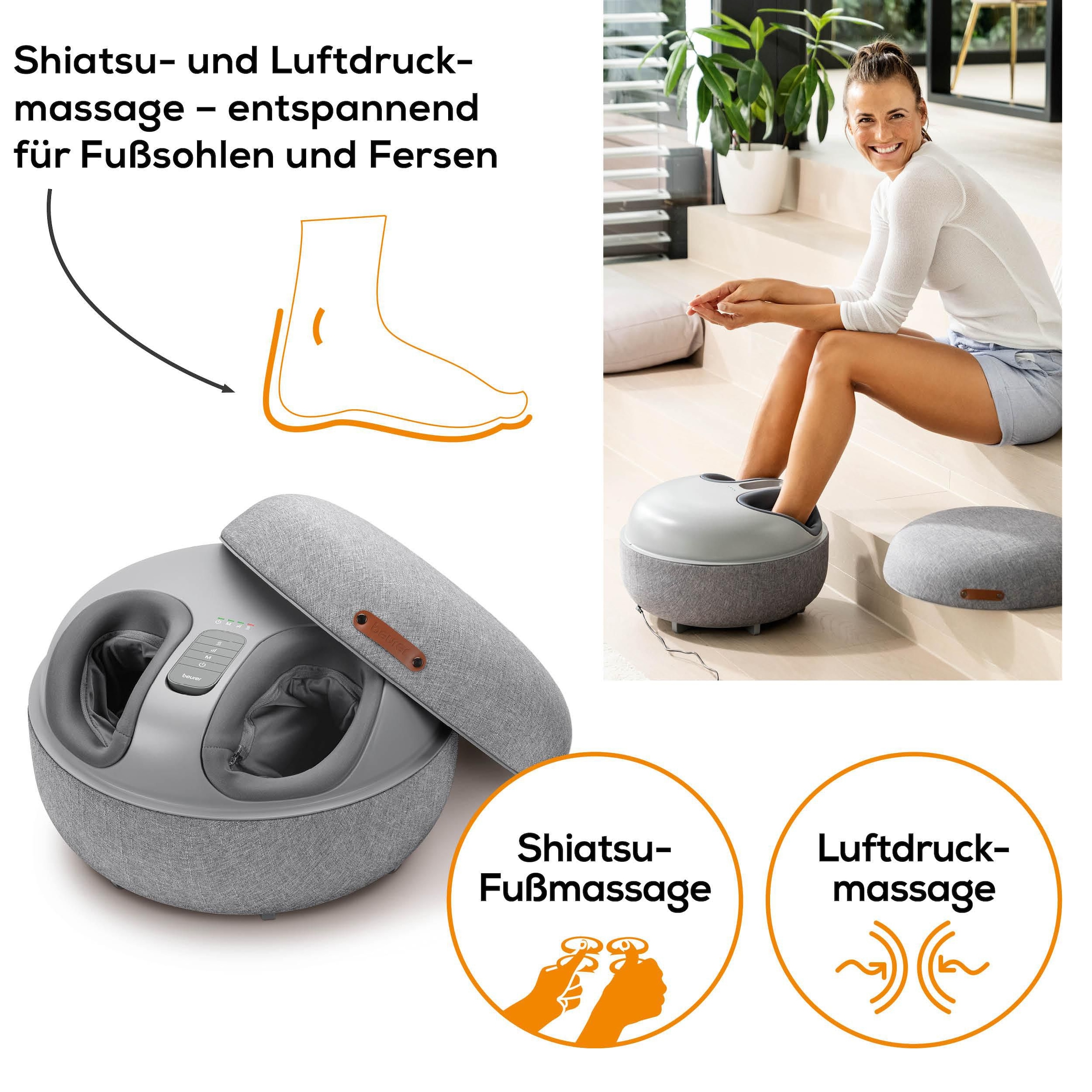 BEURER Shiatsu-Fußmassagegerät »FM 120 2-in-1: stylischer Hocker und Massagegerät«, Mit Luftkompressionsmassage und Shiatsu-Massage, inkl. Wärmefunktion