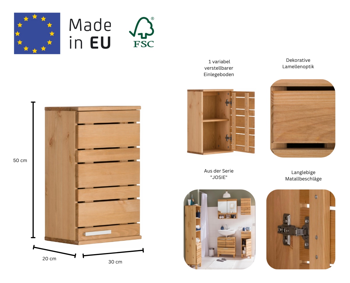 Home affaire Hängeschrank »JOSIE« Breite 30 cm, aus Massivholz, verstellbarer Einlegeboden, Metallgriff