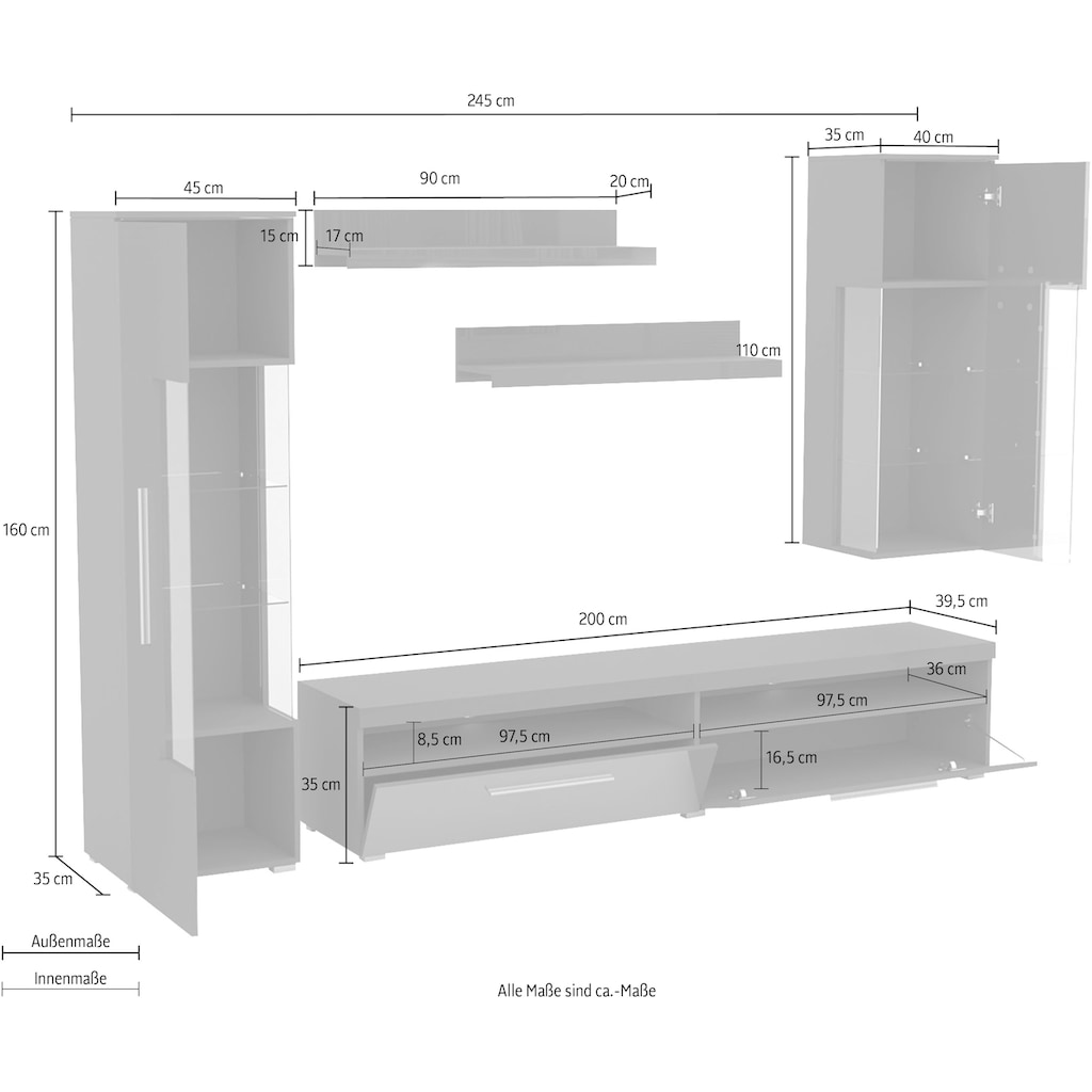 INOSIGN Wohnwand, Wohnwand (Set,5-St, 1xVitrine,1xHängevitrine,1TV-Schrank,2xWandregal)