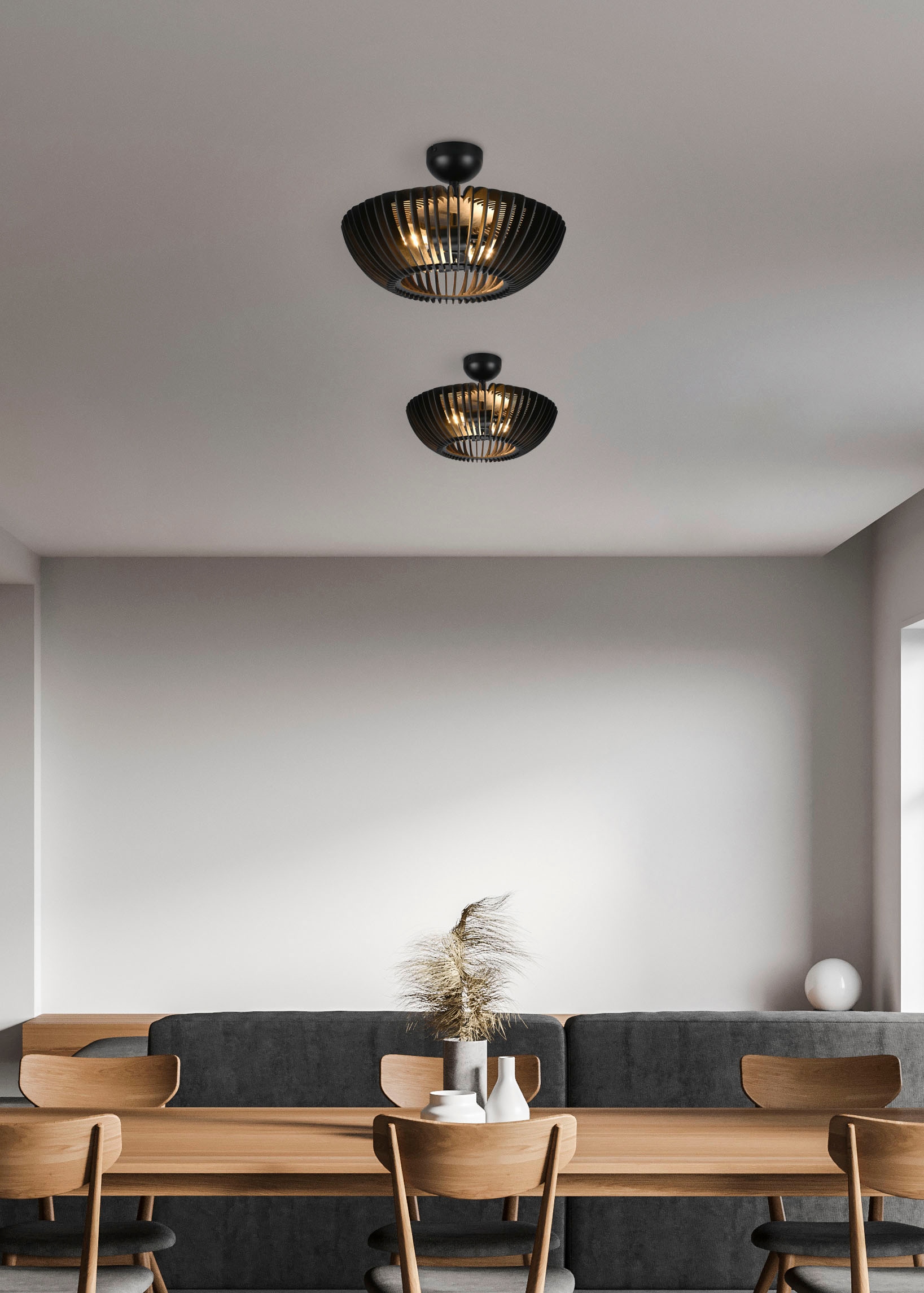 TRIO Leuchten Deckenleuchte »Colino«, 2 flammig, Leuchtmittel E27 | ohne Leuchtmittel, Schlafzimmer Deckenlampe mit Holzschirm Ø40cm exkl 2xE27 (max 40 Watt)