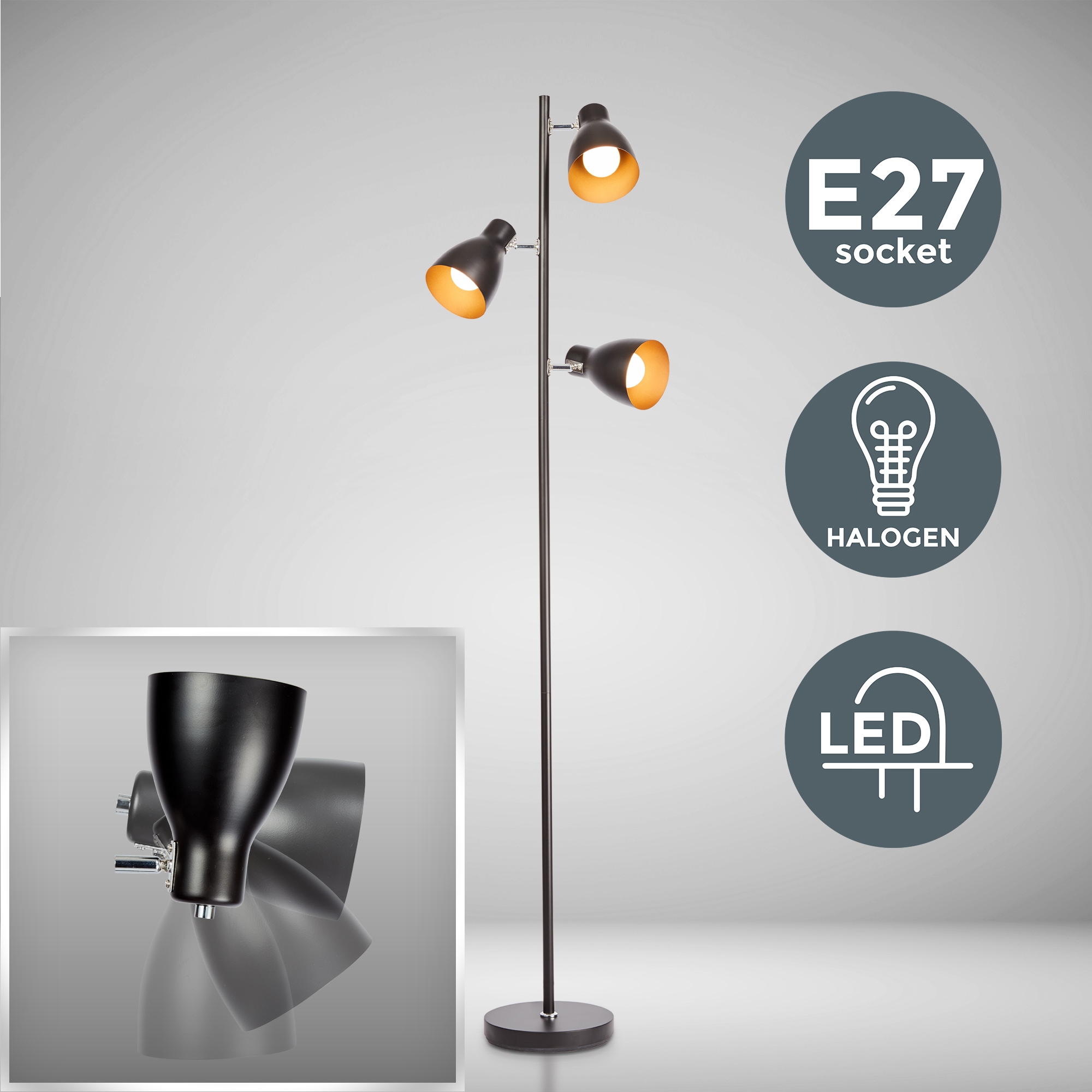 B.K.Licht Stehlampe, 3 flammig, Leuchtmittel E27 | ohne Leuchtmittel, LED Stehleuchte Design Standleuchte Retro Vintage Metall schwarz-gold