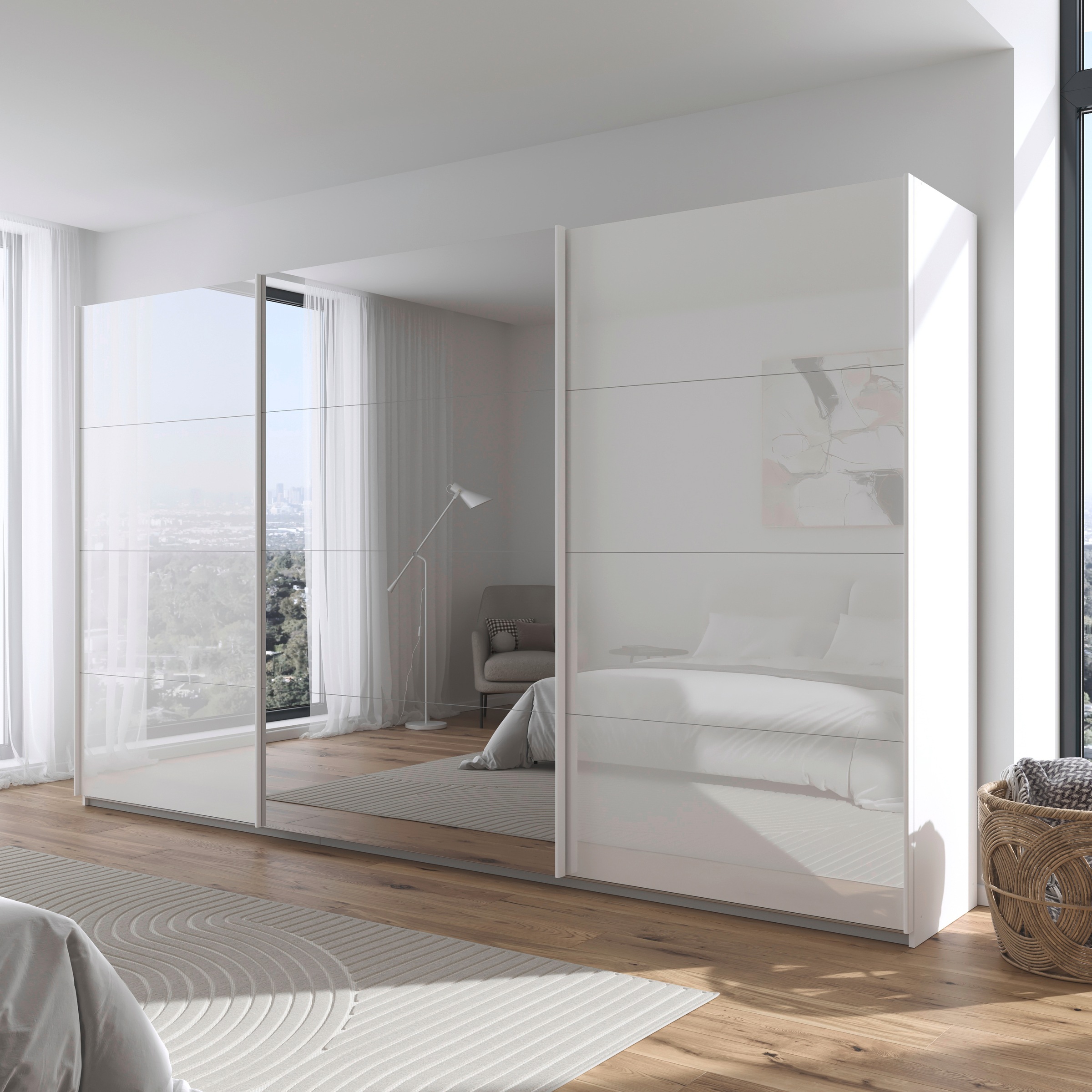 rauch Schwebetürenschrank »Kleiderschrank Kleiderschränke Schrank Garderobe AGORDO mit Glasfront«, durchdachte Innenausstattung, in 4 Breiten und 2 Höhen MADE IN GERMANY