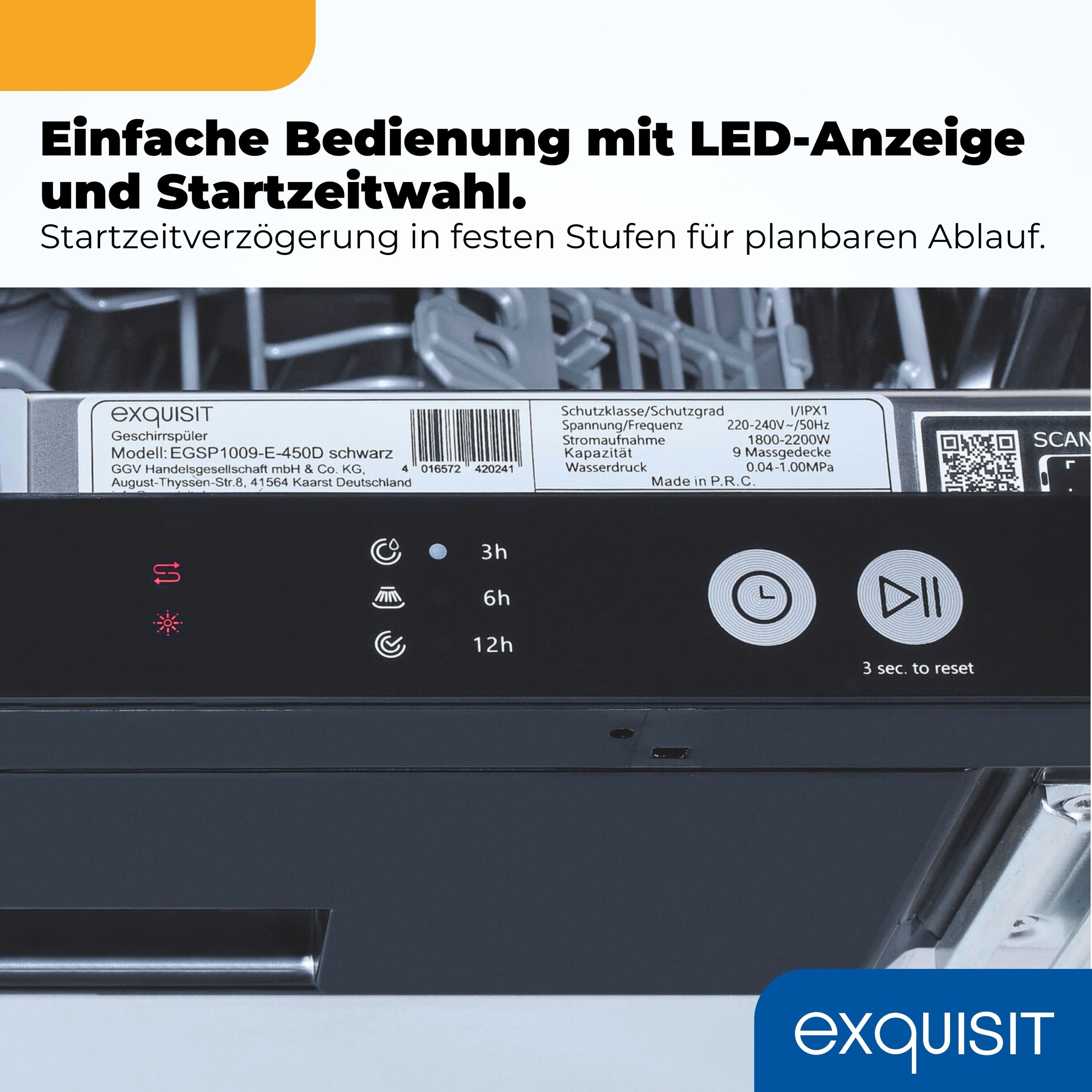exquisit vollintegrierbarer Geschirrspüler 1009 »EGSP1009-E-450D schwarz« 10 l 9 tlg. Maßgedecke 9 Maßgedecke & flüsterleise 49 dB – stark und angenehm ruhig