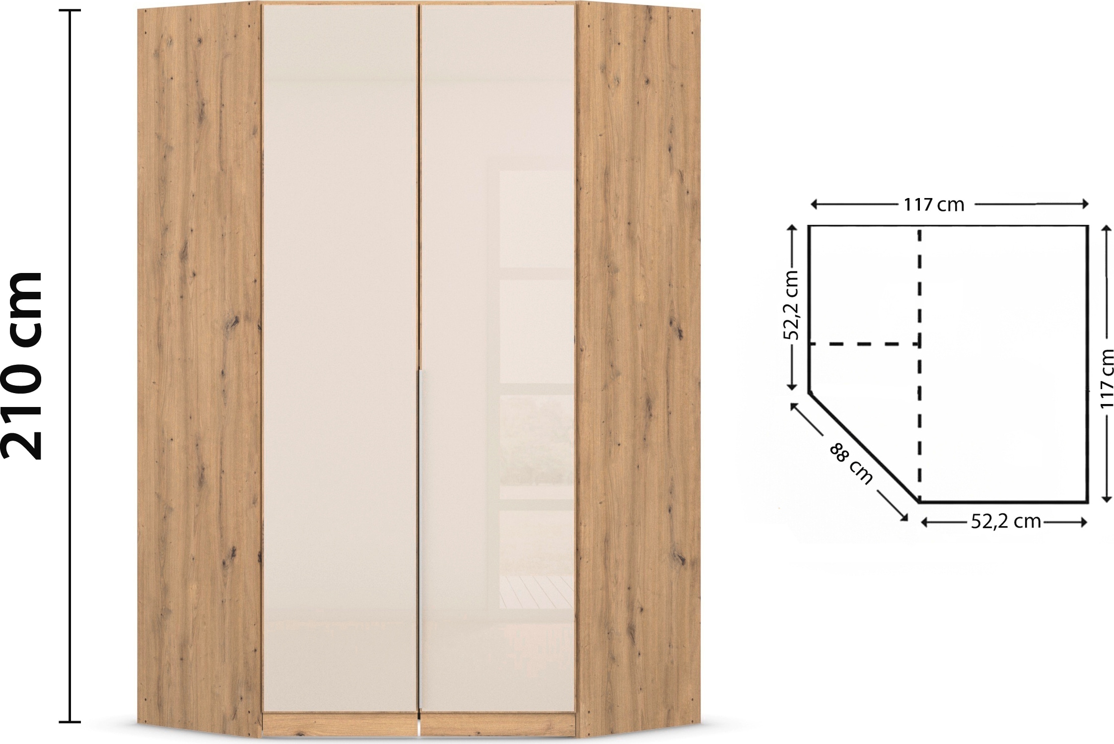 OTTO home Eckkleiderschrank »Kleiderschrank Schrank Ankleidezimmer Schlafzimmer Garderobe AGORDO« in zwei Griff-Farben, Breite/Tiefe 117x117 cm, Höhen 210/229 cm,  mit Glastüren, voll ausgestattet mit viel Stauraum MADE IN GERMANY