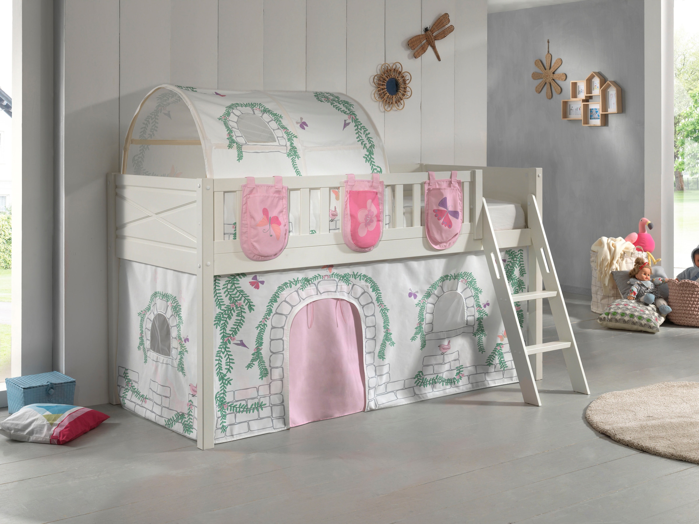 Vipack Hochbett »Scott«, (Made in Europe), mit Leiter, LF 90x200 cm, Vorhang, Tasche, Tunnel, 4 Designs