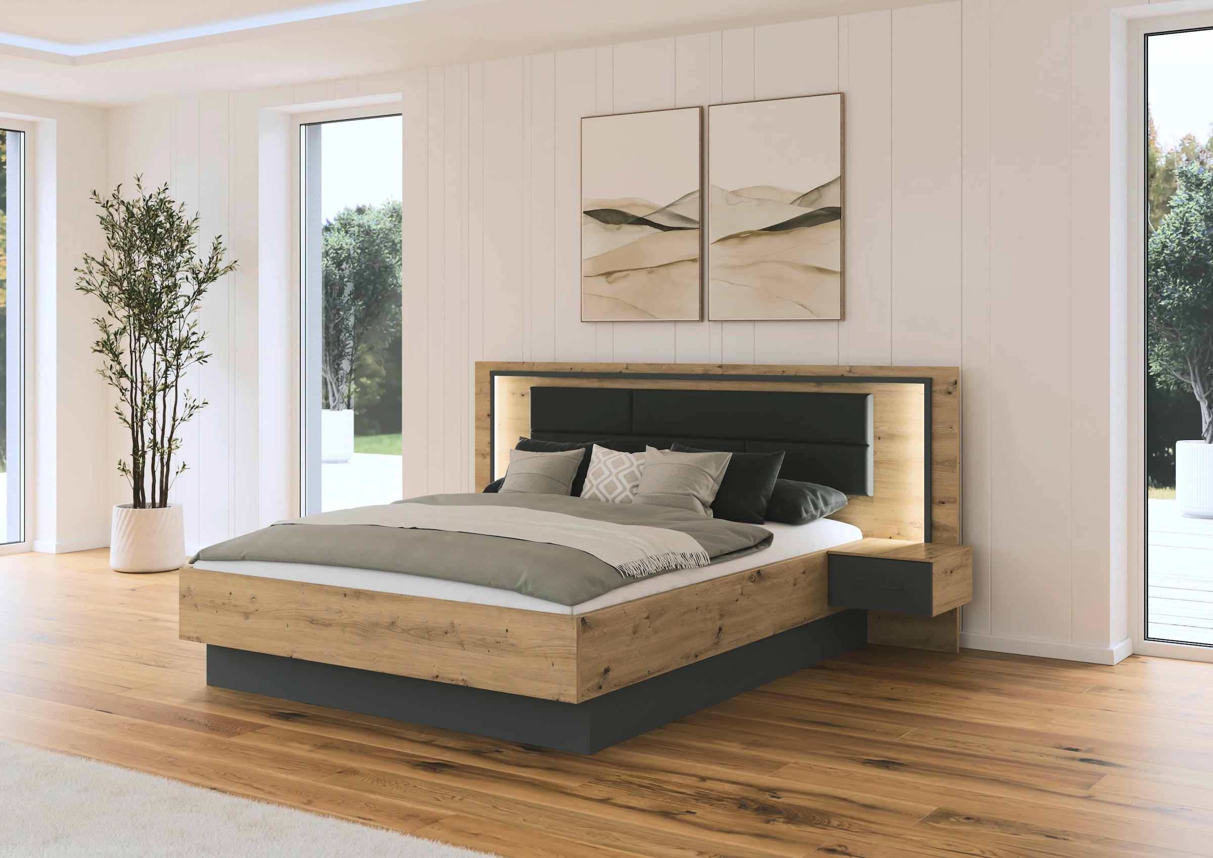 rauch »Bett Doppelbett Komortbett BILBAO-EXTRA« Set, Liegefläche 160x200 oder 180x200 cm, 3 tlg. tlg. Polster-Kopfteil in Lederoptik basalt, mit Beleuchtung MADE IN GERMANY