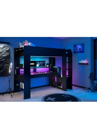 Hochbett, Gaming-Bett, mit USB, LED, Stauraum, Schreibtisch