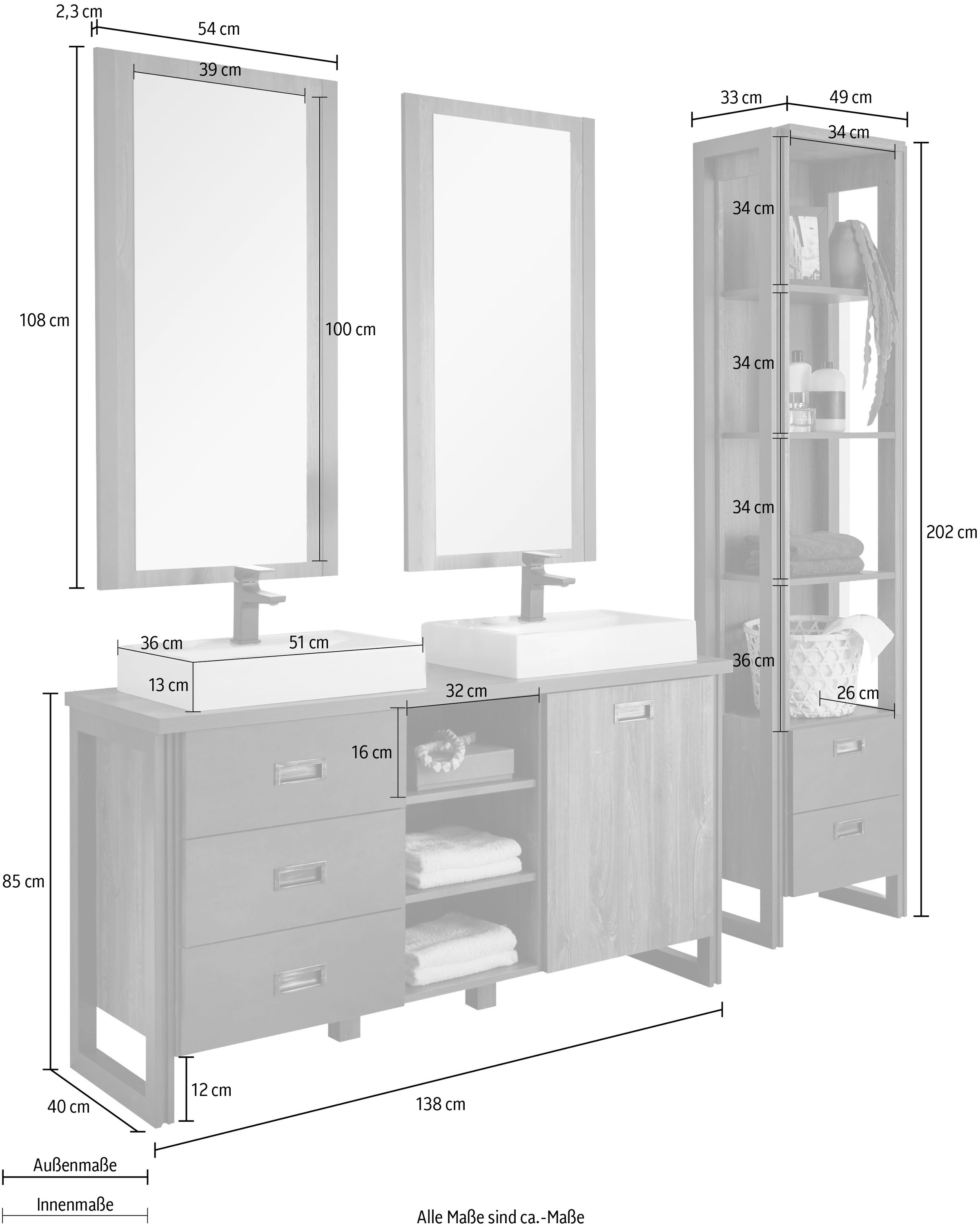 Home affaire Badmöbel-Set »Detroit, Bad im Industrialdesign, 3-teiliges Badezimmer«, (Set, 4 St.), Waschtisch, Regal & Spiegel, inkl. zwei Mineralguss-Aufsatzwaschbecken