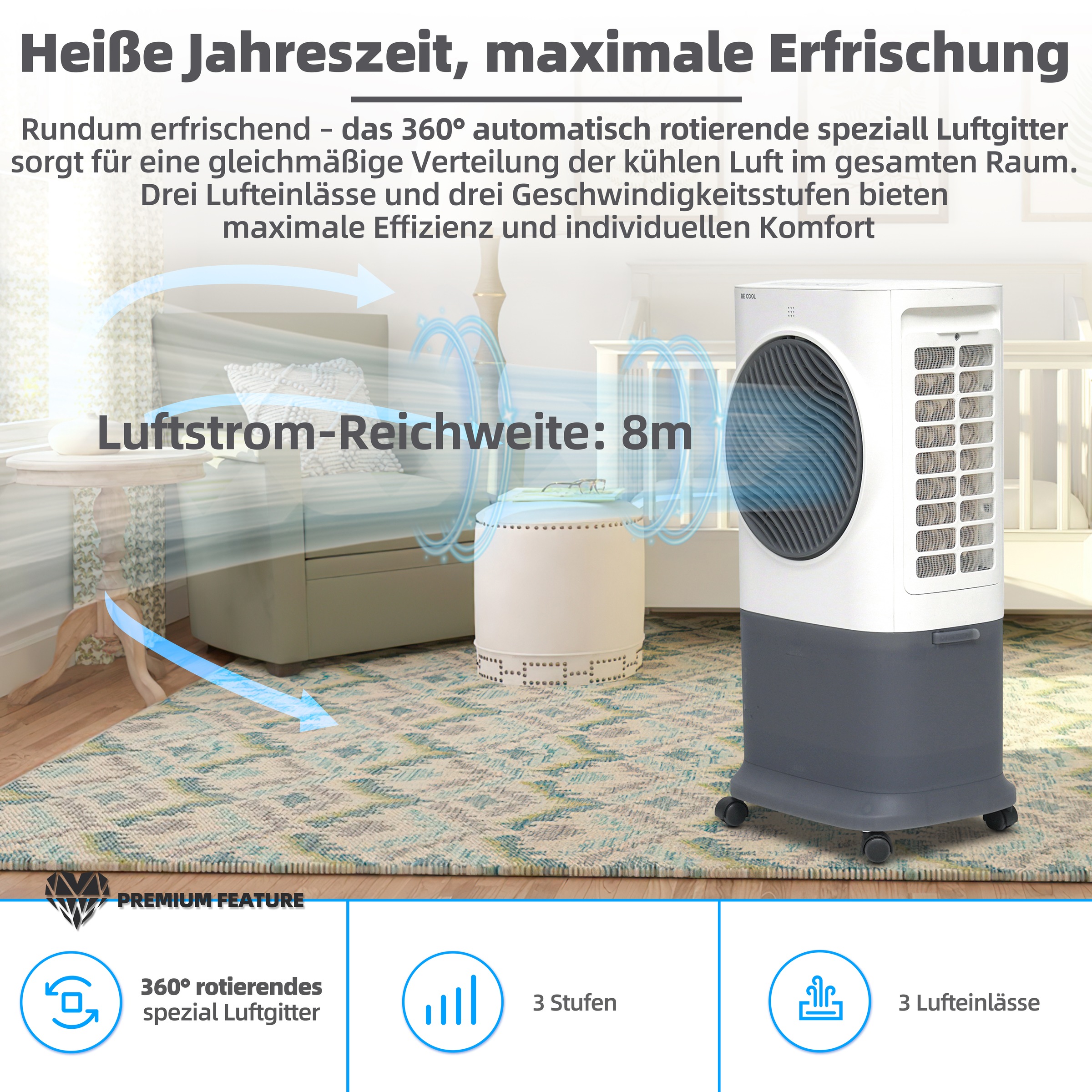 be cool Ventilatorkombigerät »Premium Luftkühler mit mit Wifi und 6,5l Wassertank«, abnehmbarer Wassertank, von oben befüllbar, WiFi