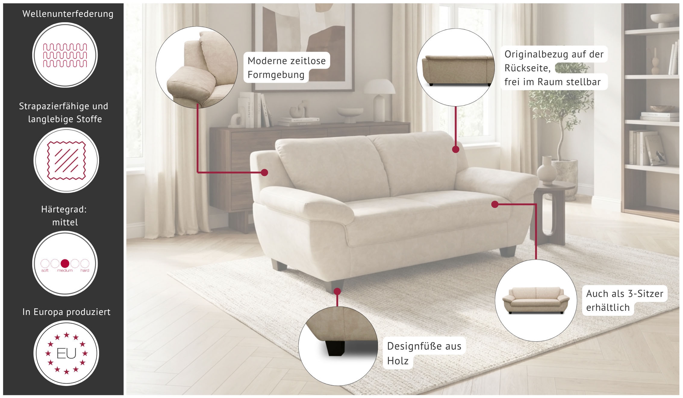OTTO home 2-Sitzer »Sillkeborg 161 cm, formschönes Sofa mit dunklen Füßen« aus pflegeleichtem, weichem Luxus-Microfaser